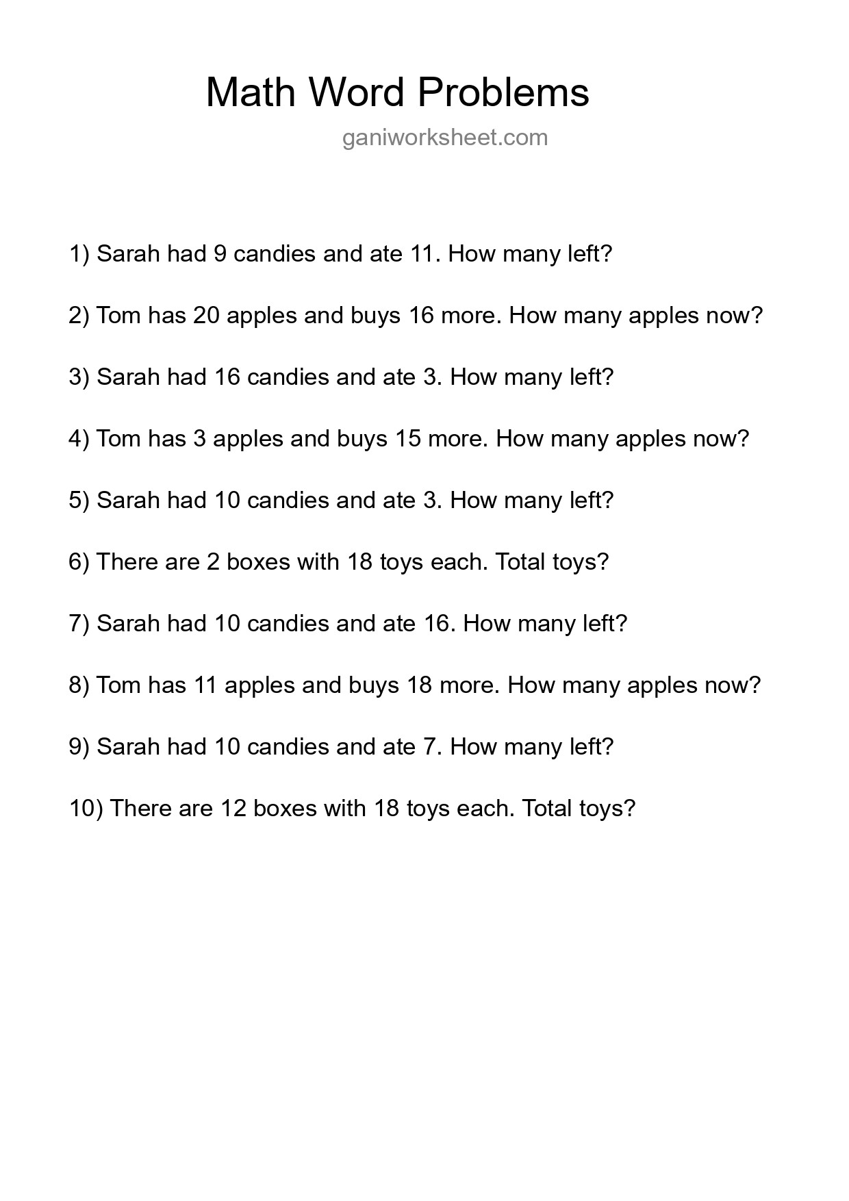 Math Word Problem Worksheet