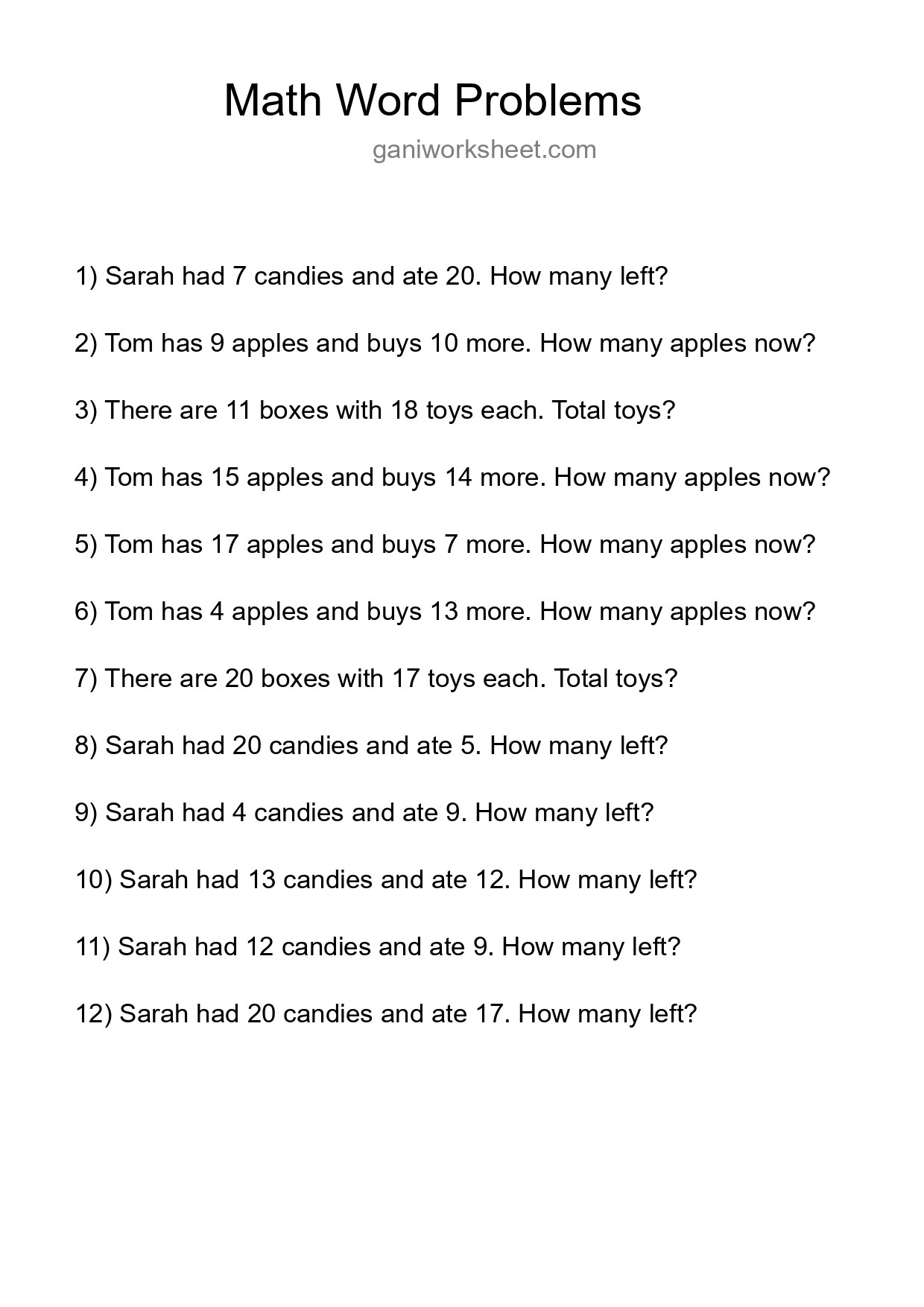 Math Word Problem Worksheet