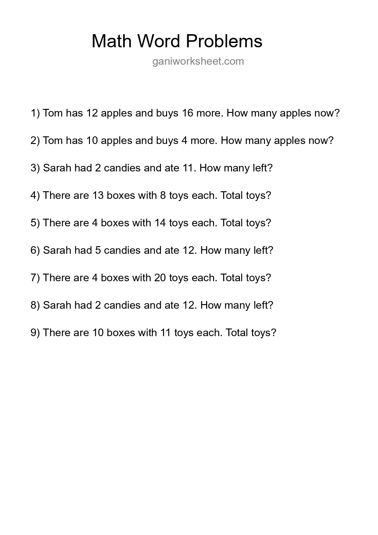 Math Word Problem Worksheet