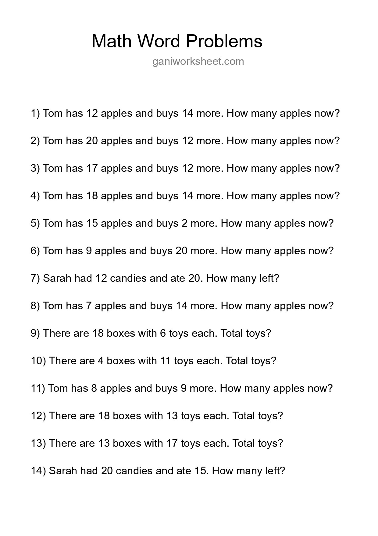 Math Word Problem Worksheet