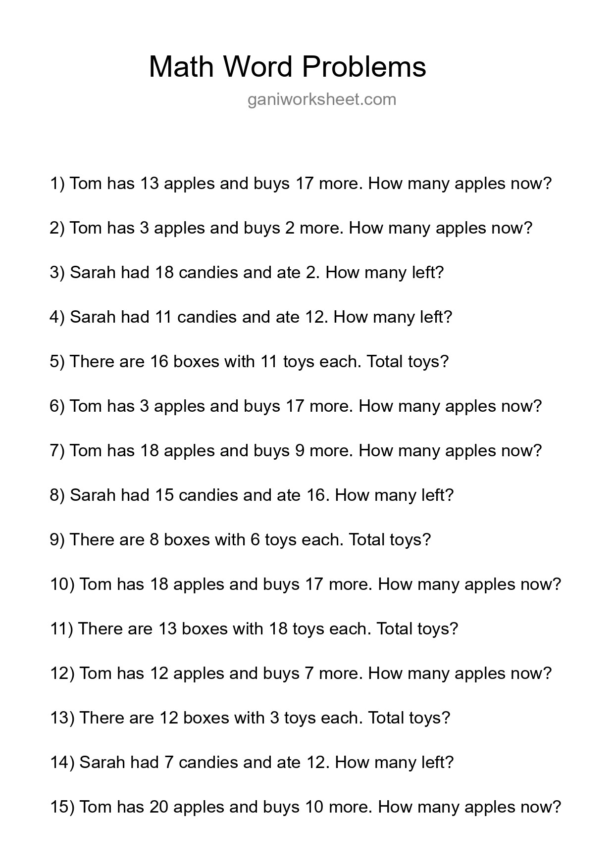 Math Word Problem Worksheet