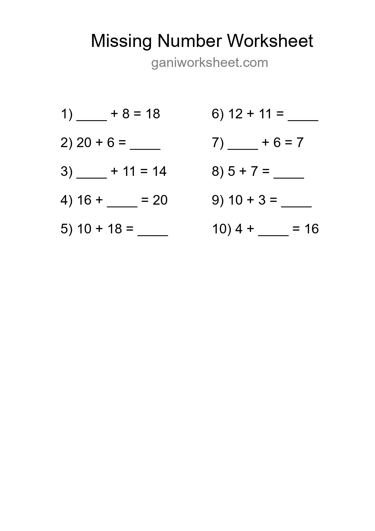 Missing Number Math Worksheet