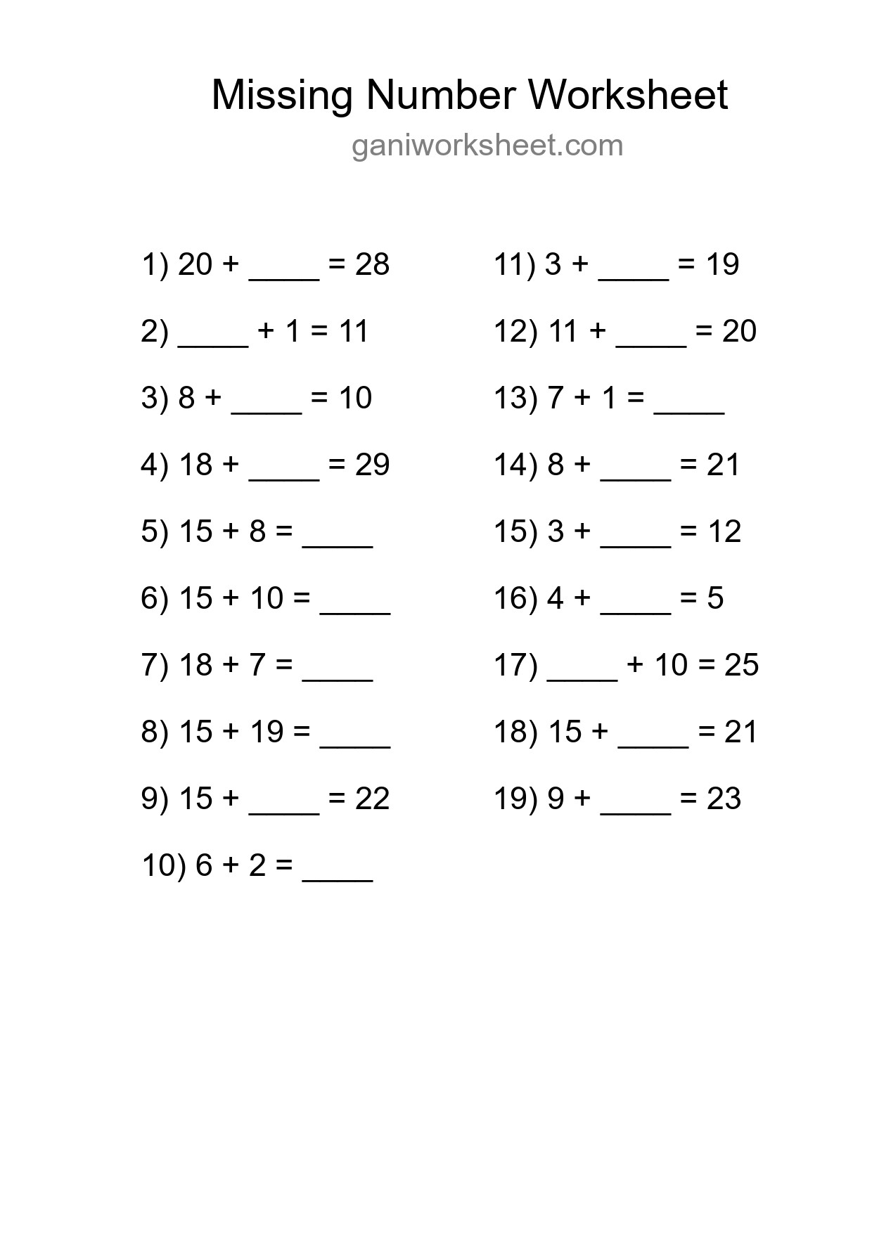 Missing Number Math Worksheet