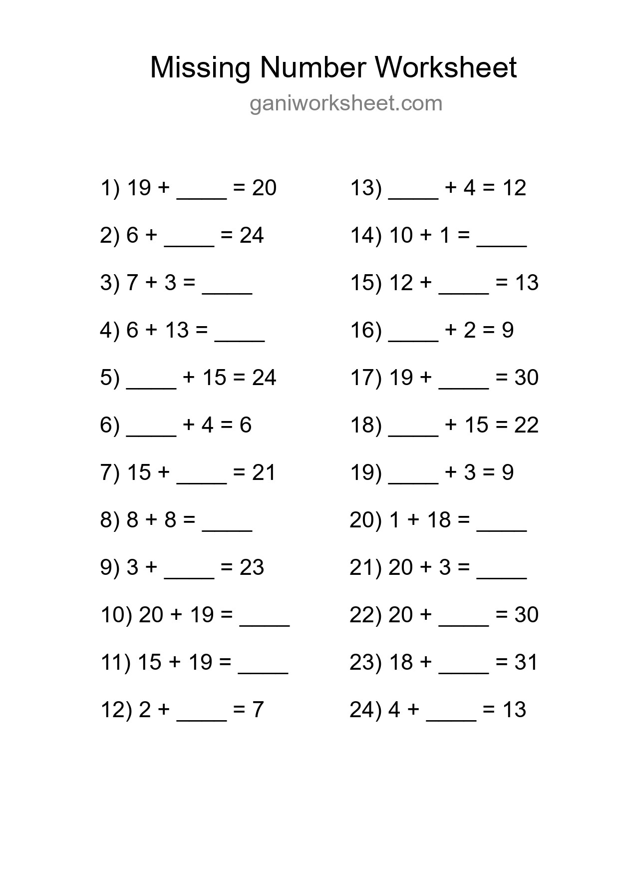 Missing Number Math Worksheet