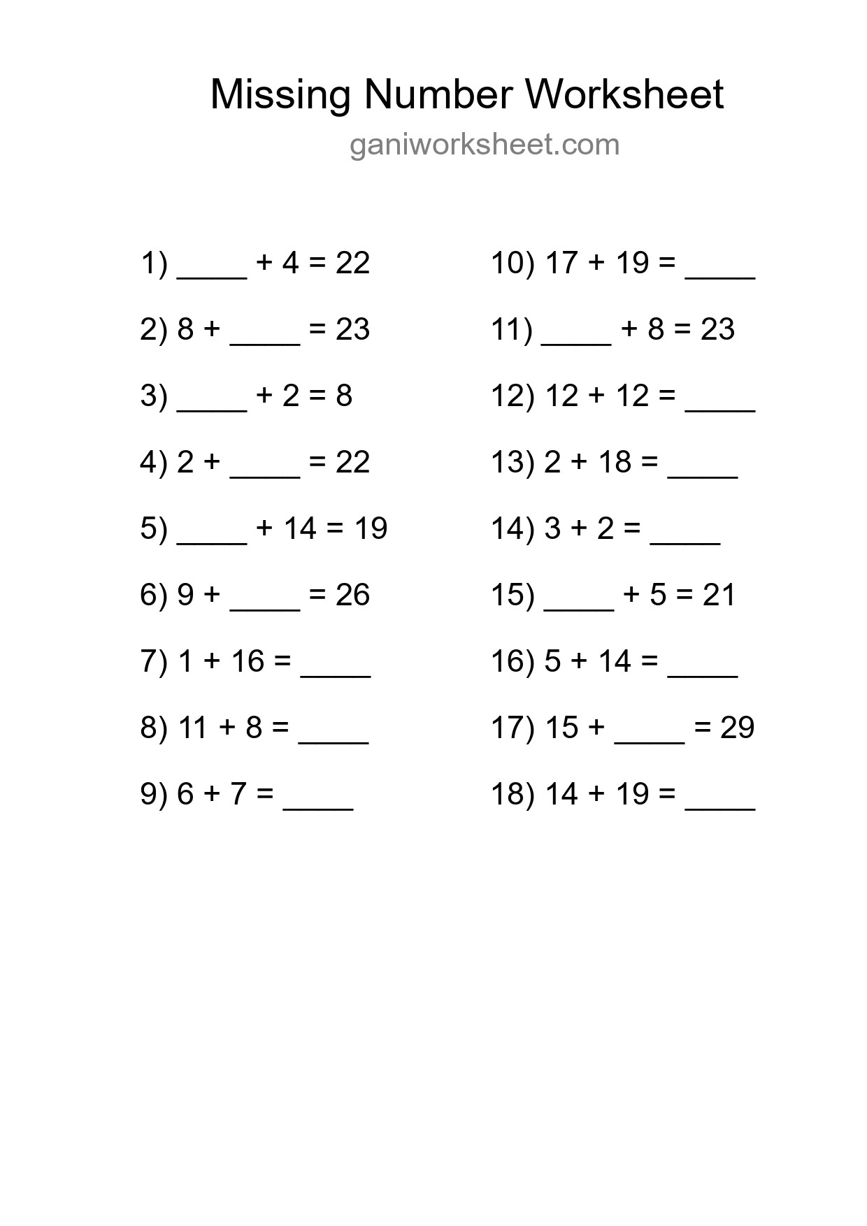 Missing Number Math Worksheet
