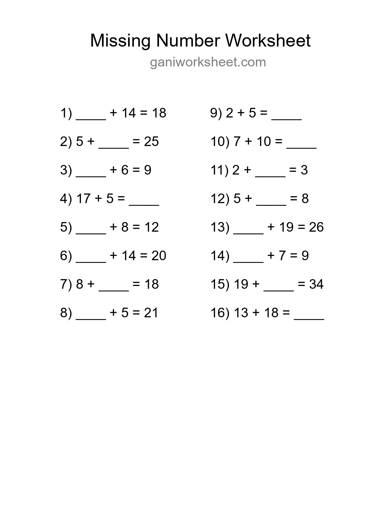 Missing Number Math Worksheet
