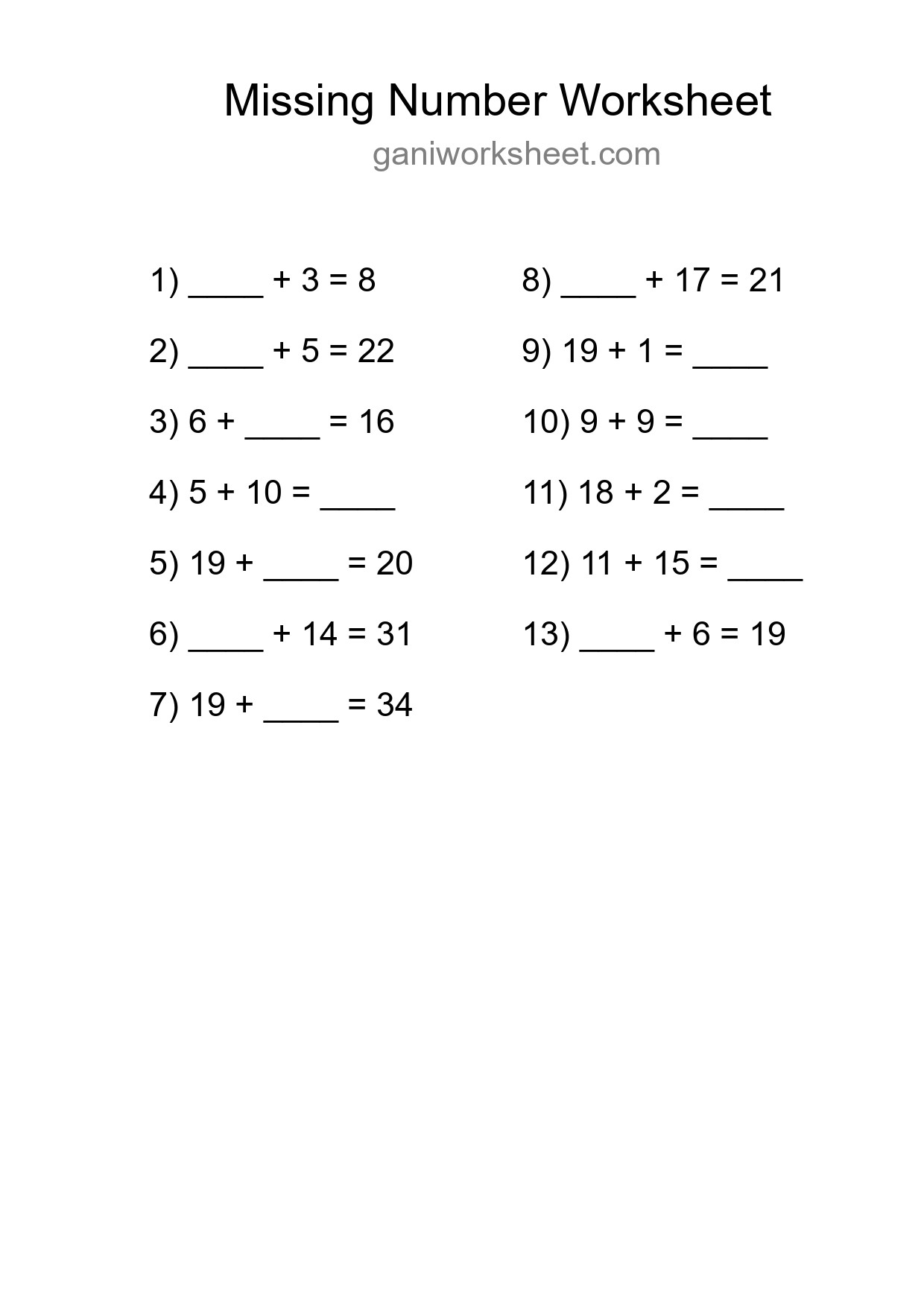 Missing Number Math Worksheet