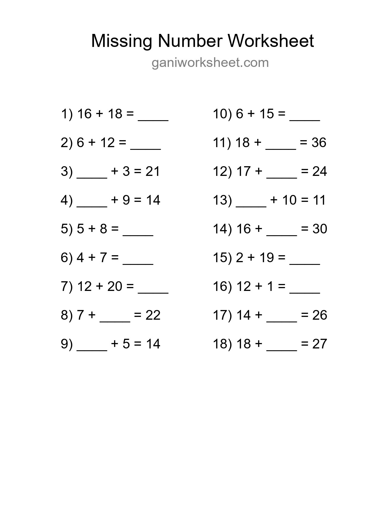 Missing Number Math Worksheet
