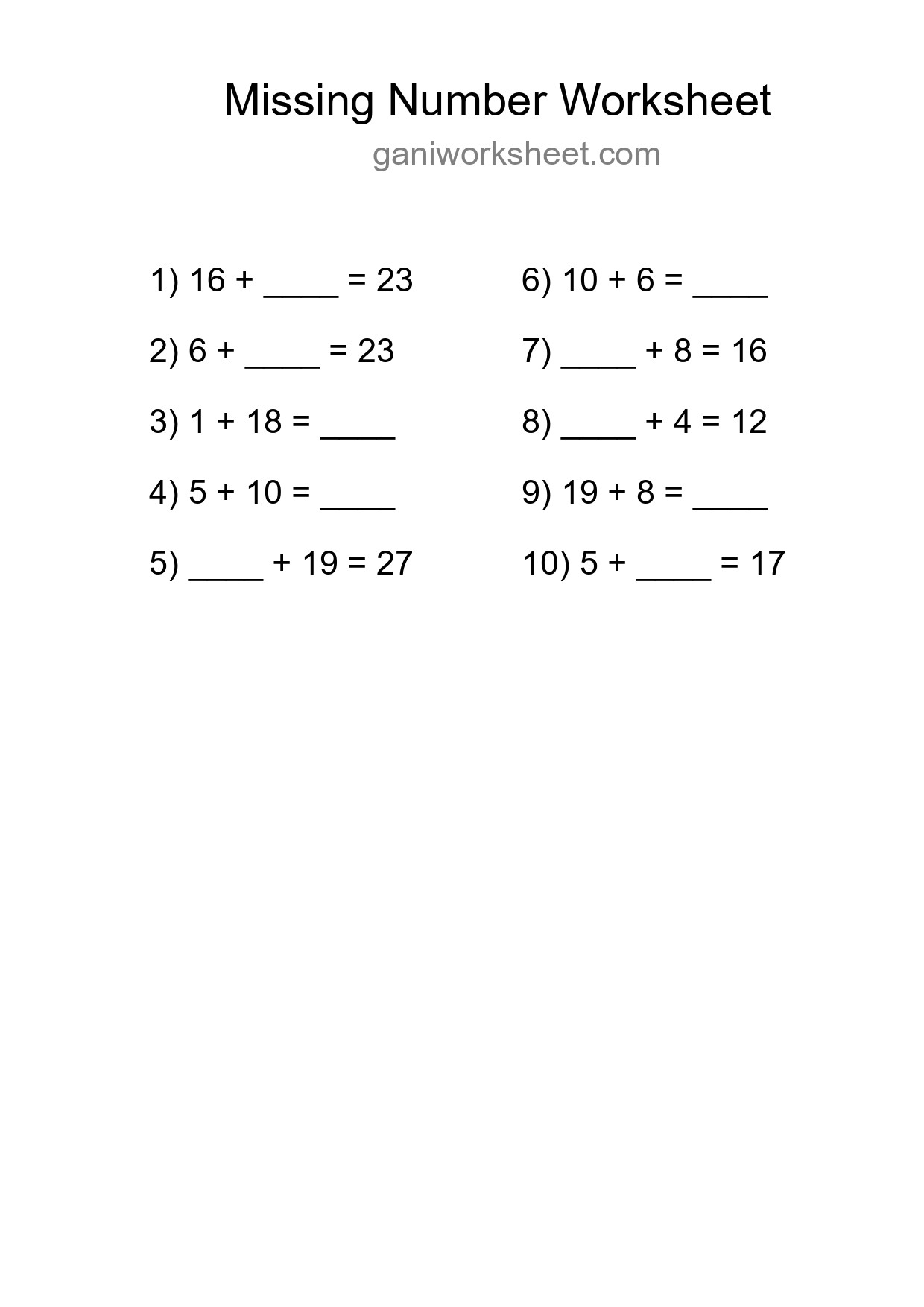 Missing Number Math Worksheet