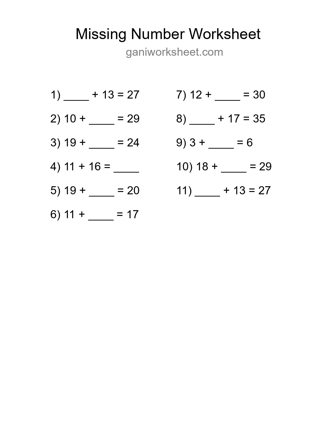 Missing Number Math Worksheet
