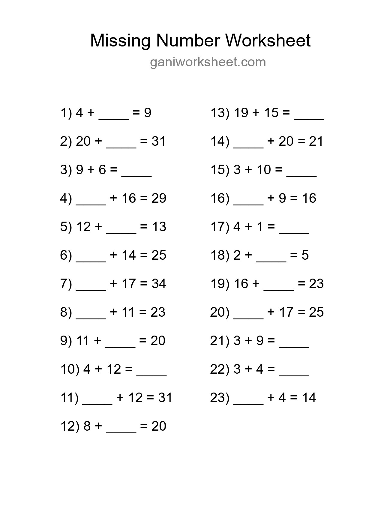 Missing Number Math Worksheet