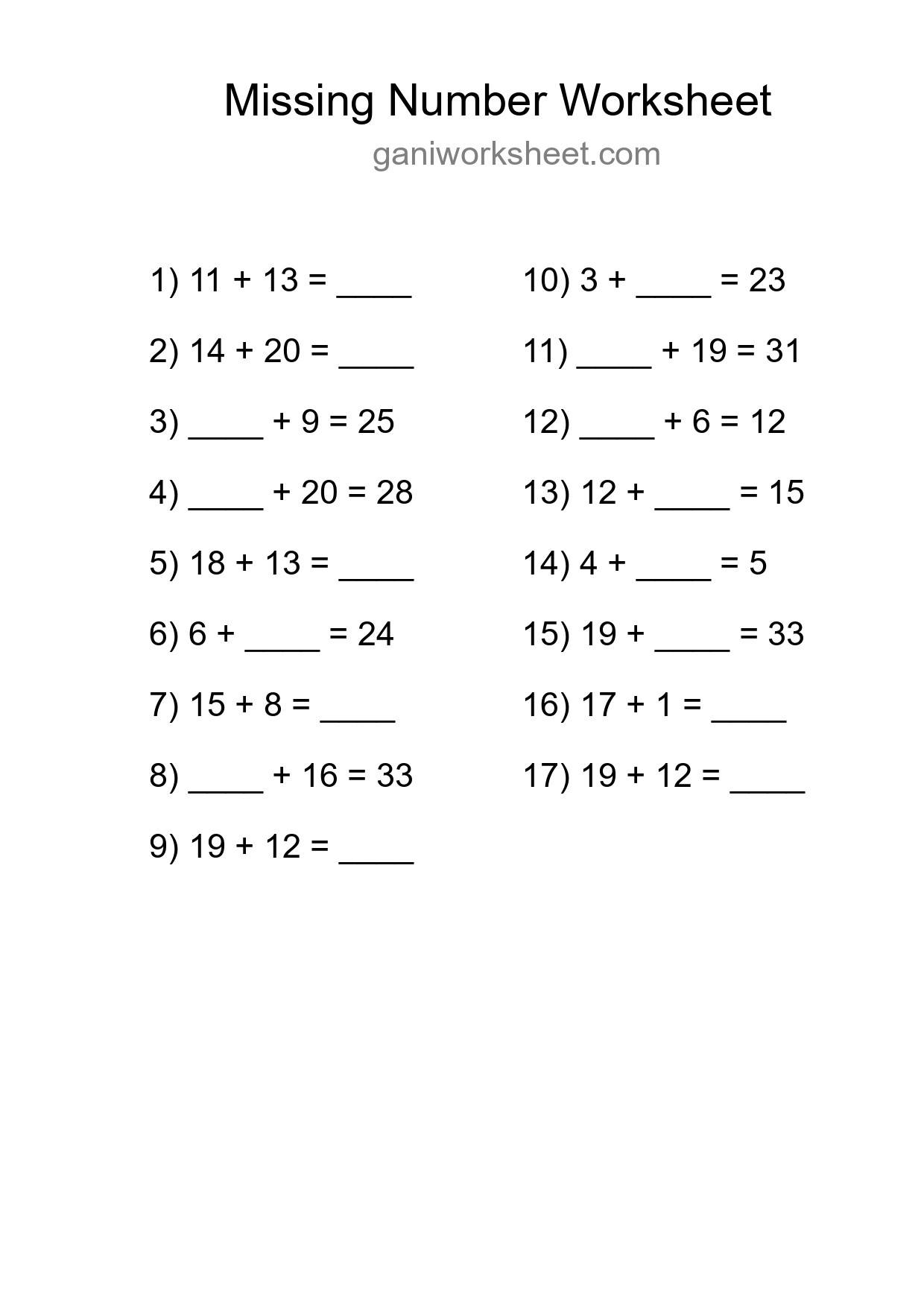 Missing Number Math Worksheet