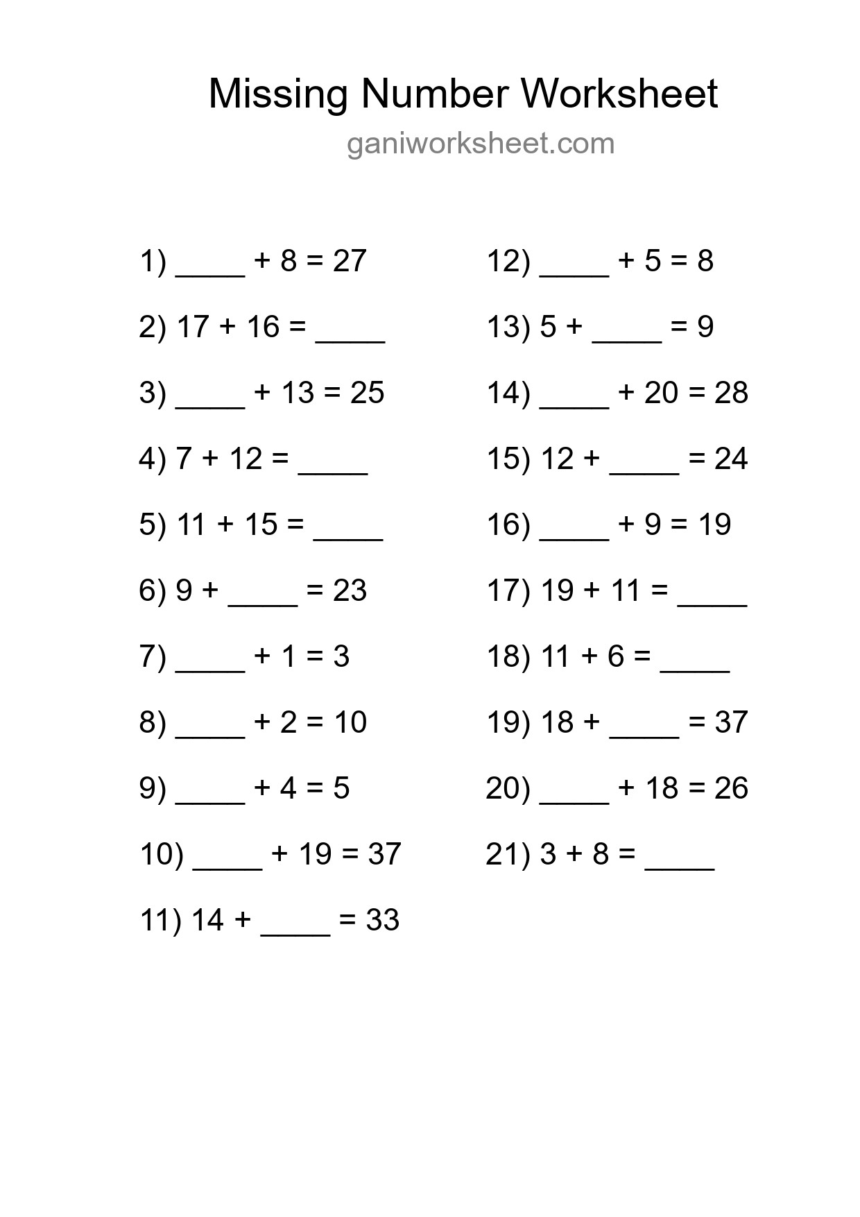 Missing Number Math Worksheet