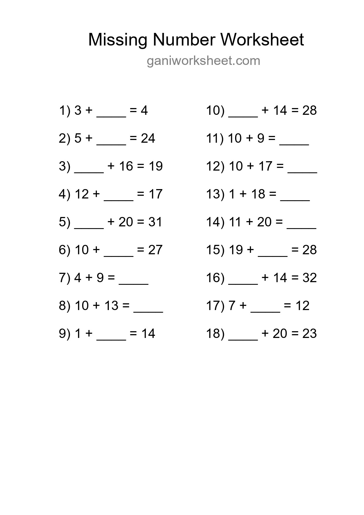 Missing Number Math Worksheet