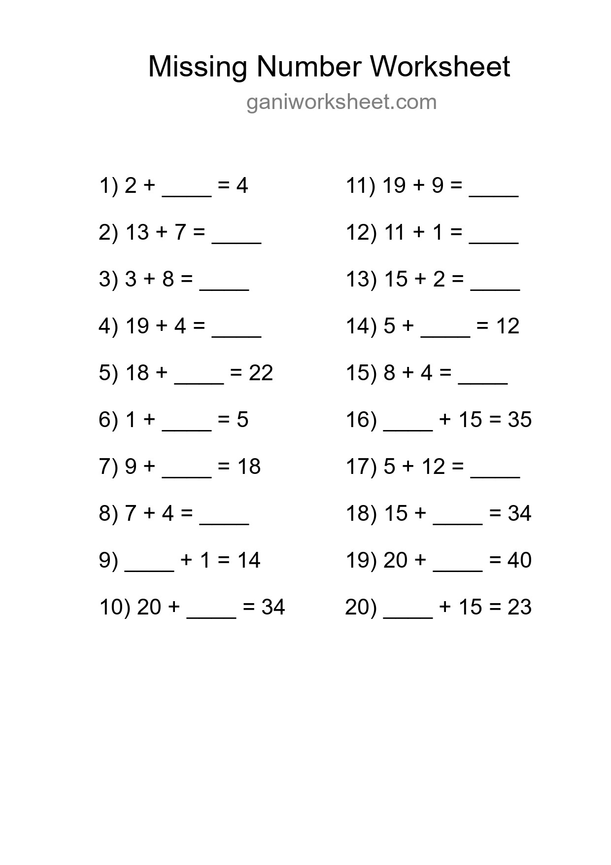 Missing Number Math Worksheet
