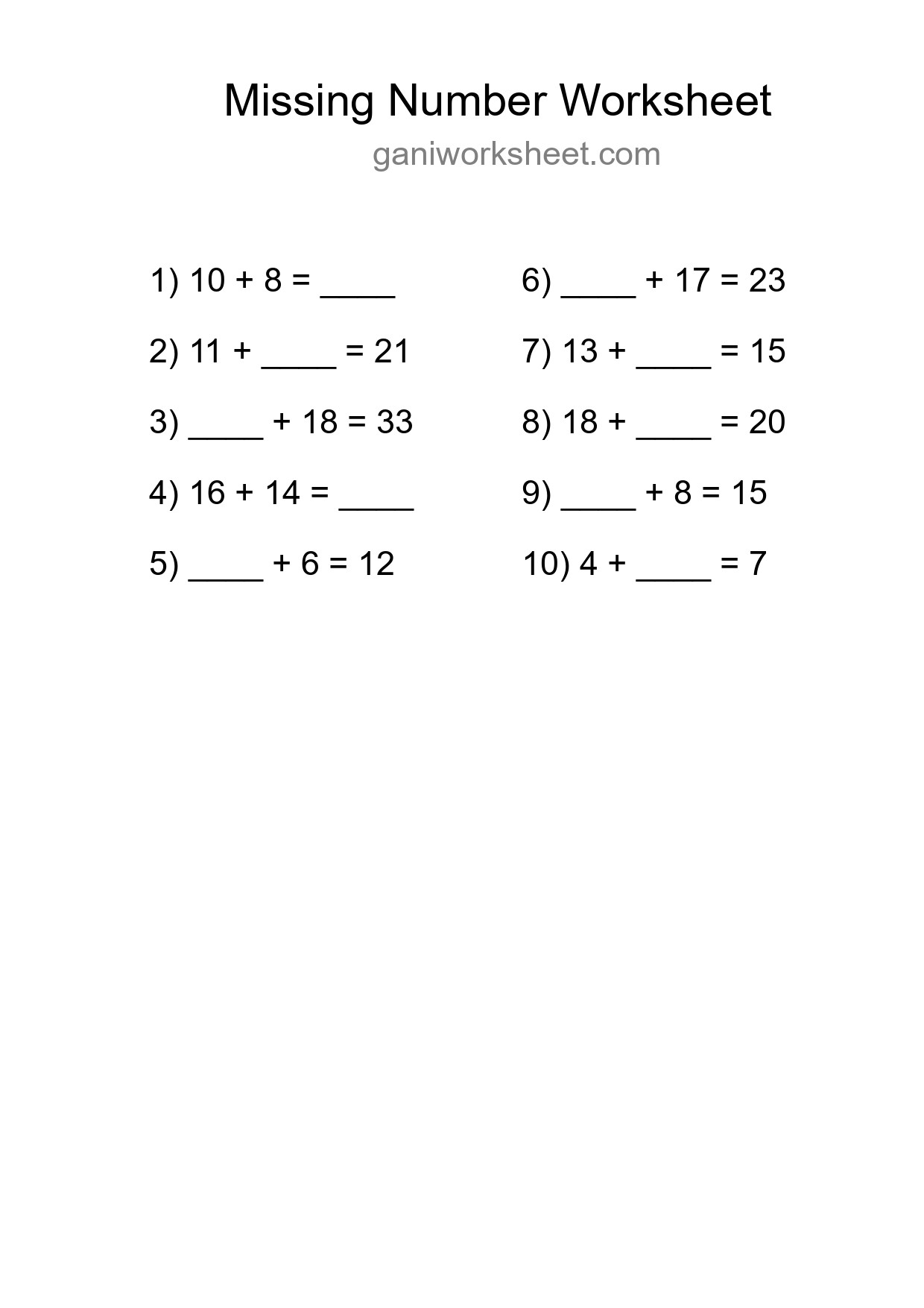 Missing Number Math Worksheet