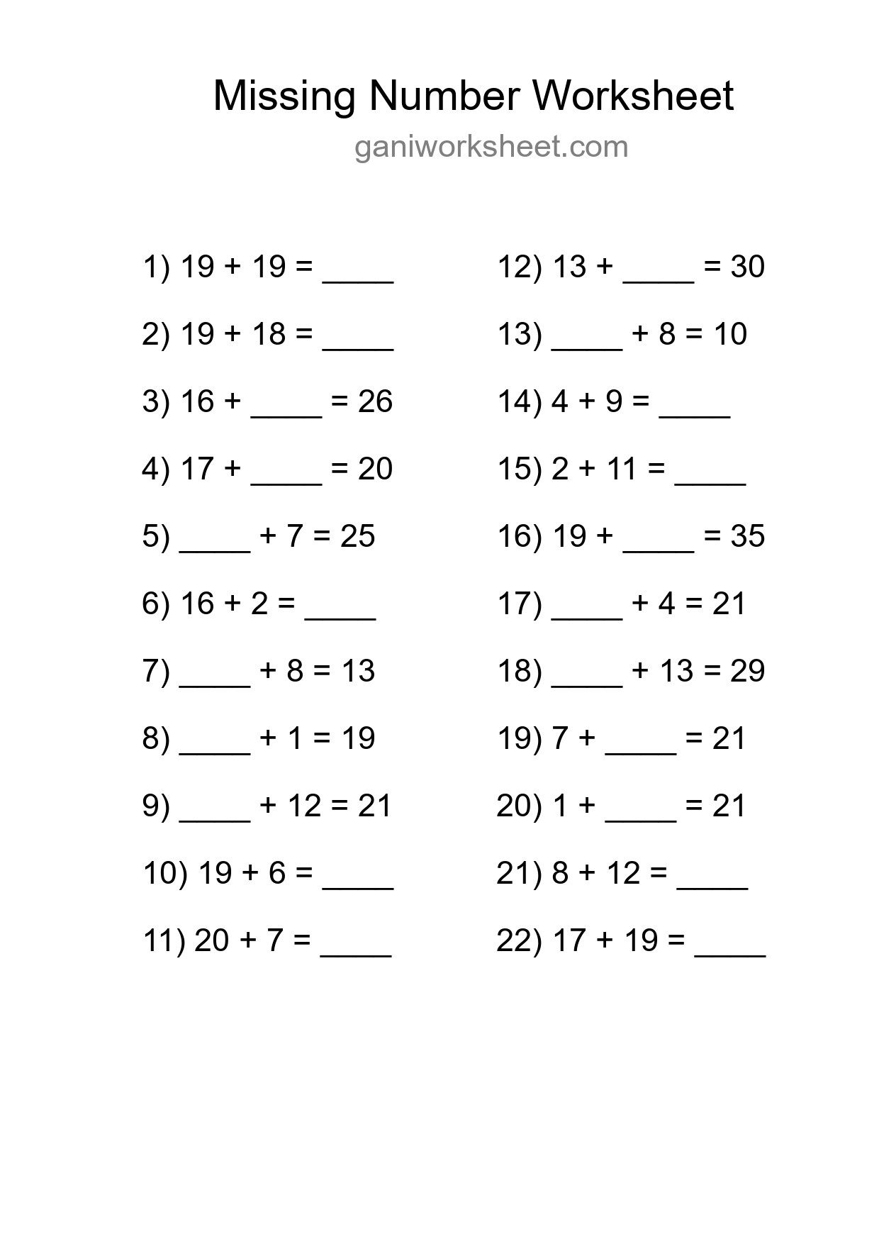 Missing Number Math Worksheet
