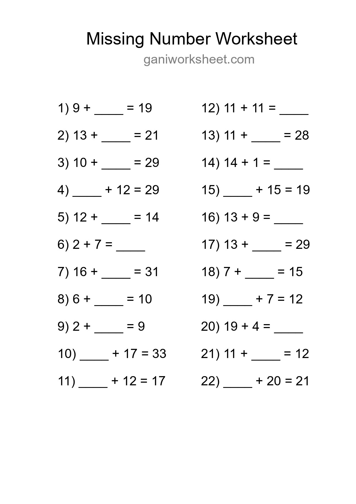 Missing Number Math Worksheet