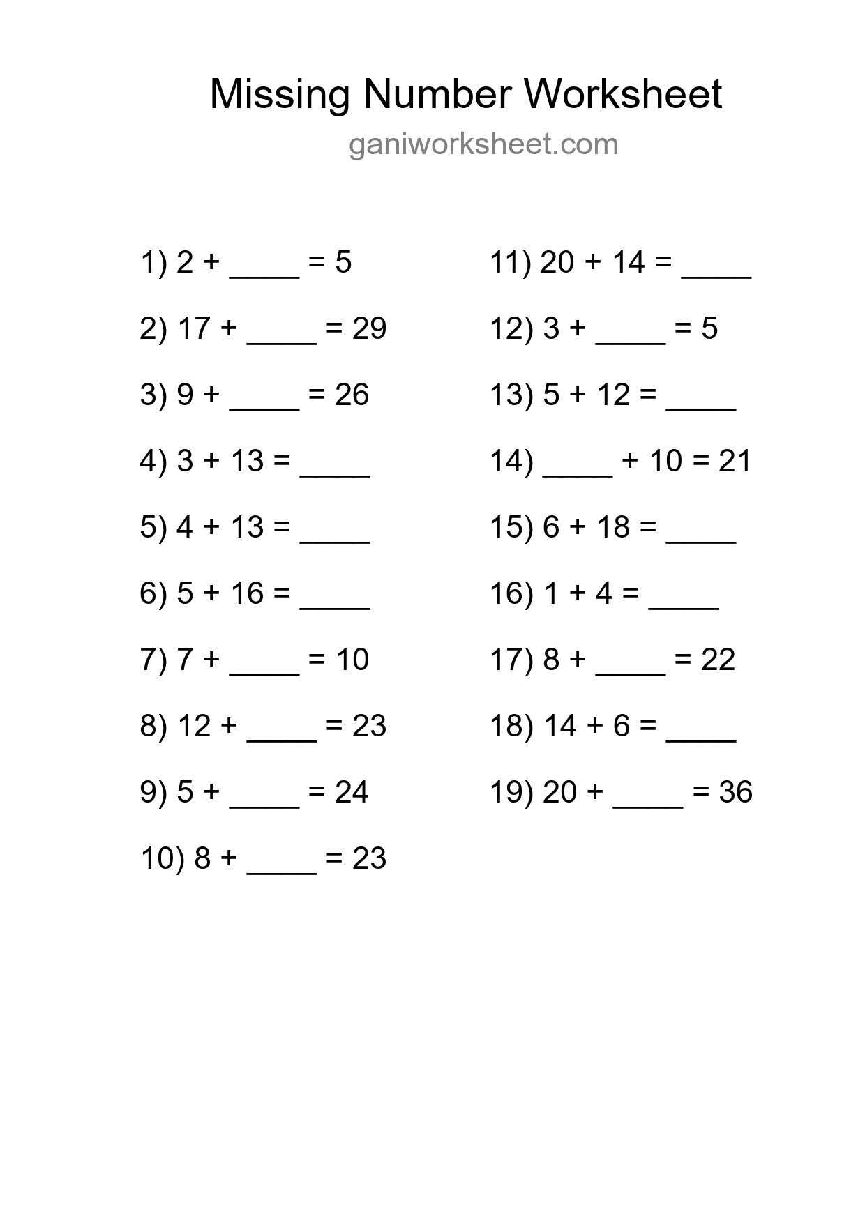 Missing Number Math Worksheet
