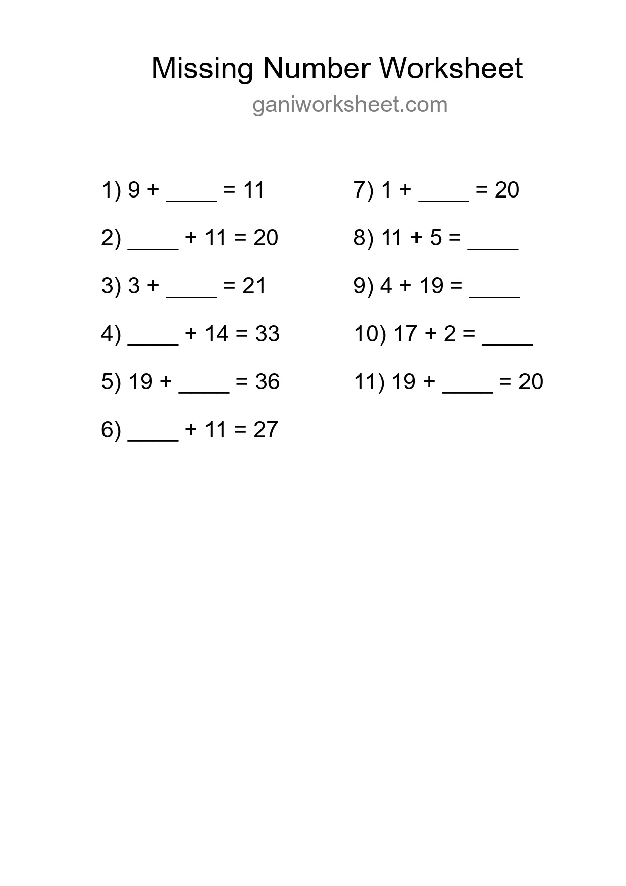 Missing Number Math Worksheet