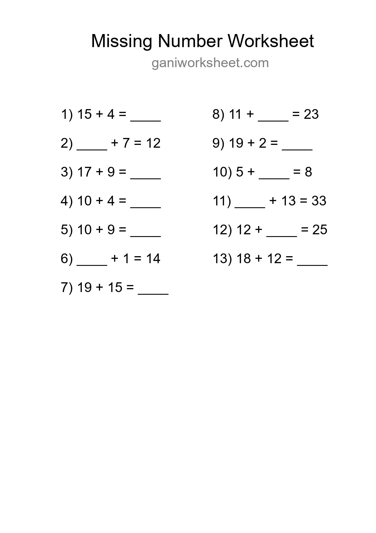 Missing Number Math Worksheet