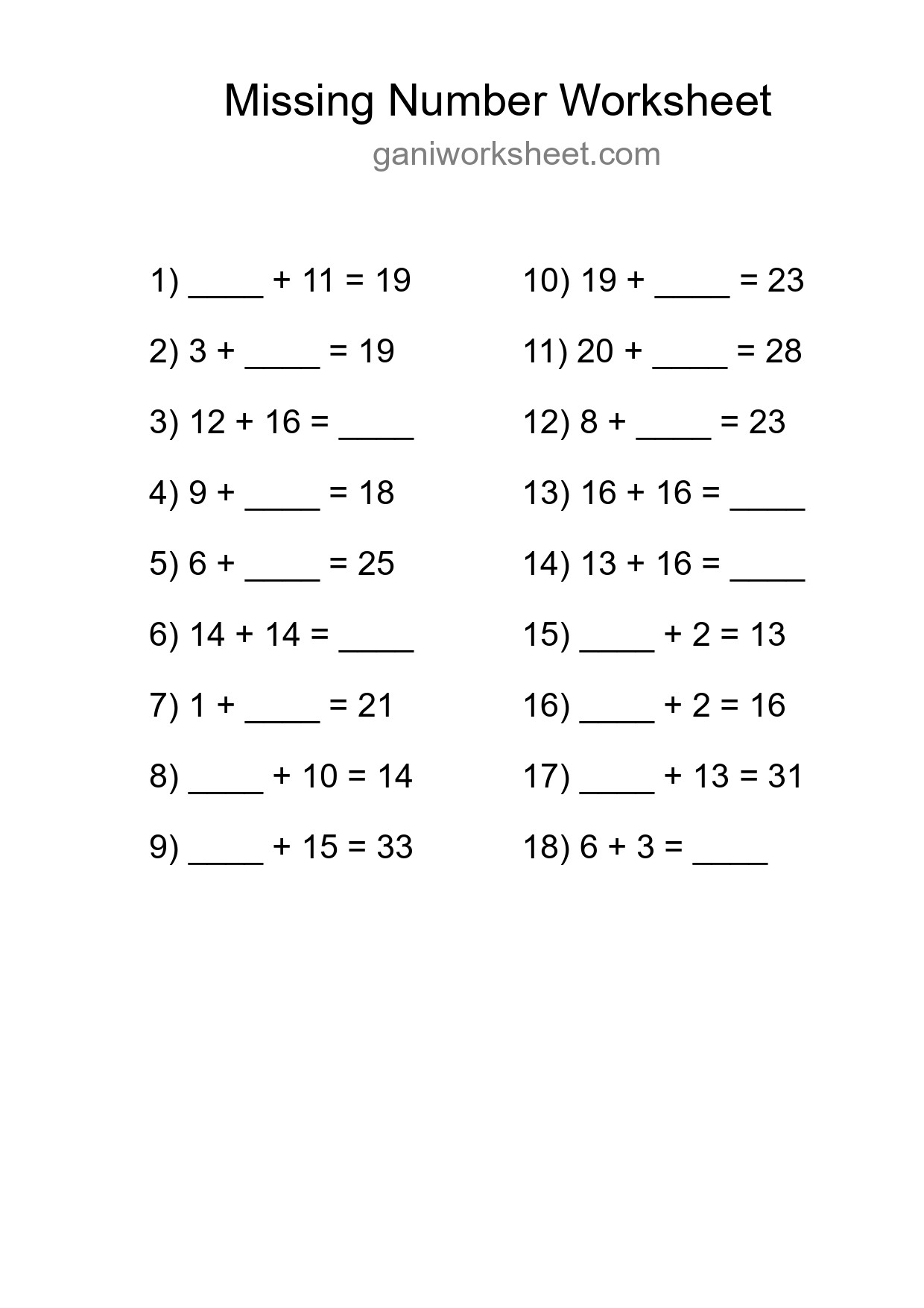 Missing Number Math Worksheet