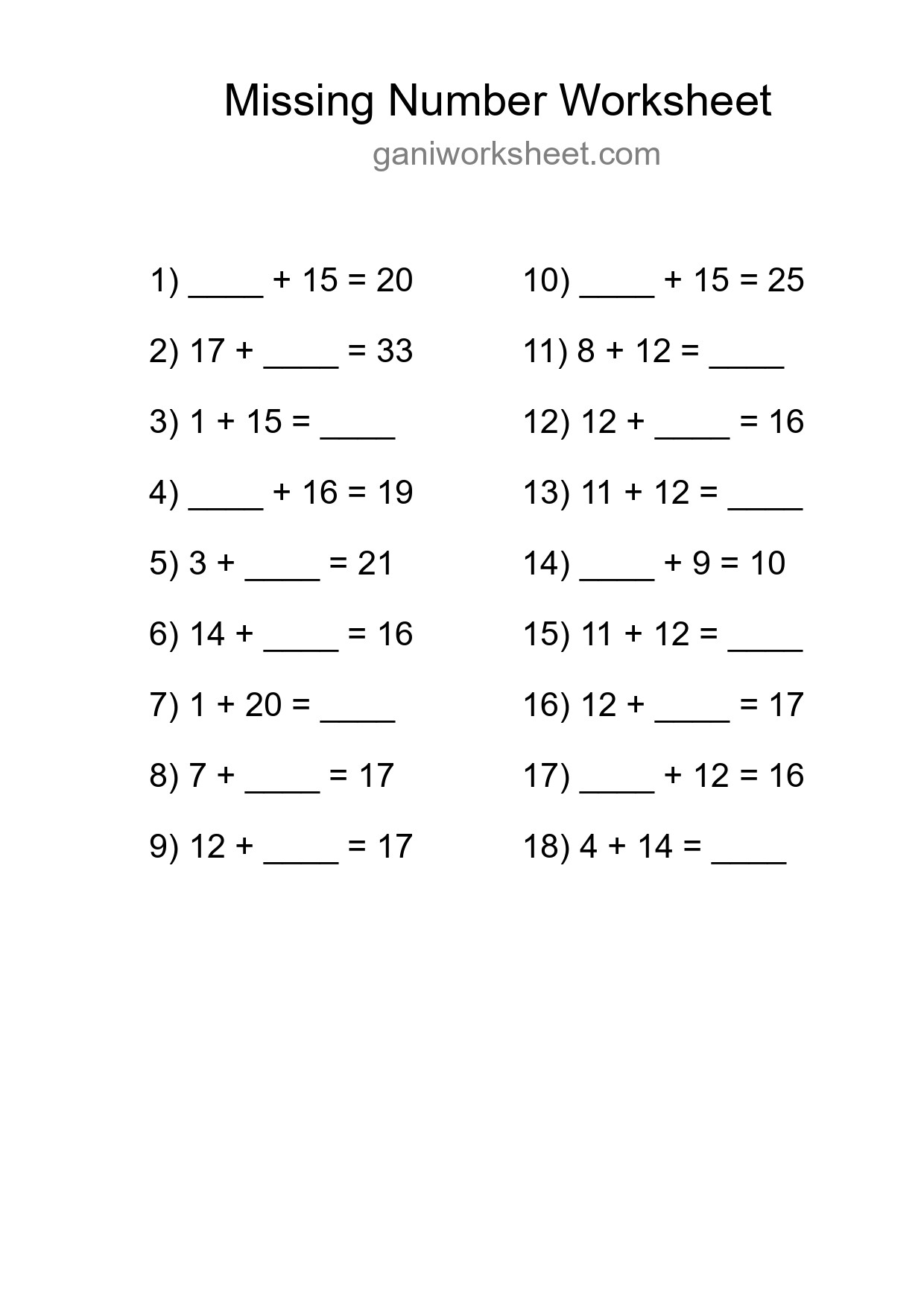Missing Number Math Worksheet