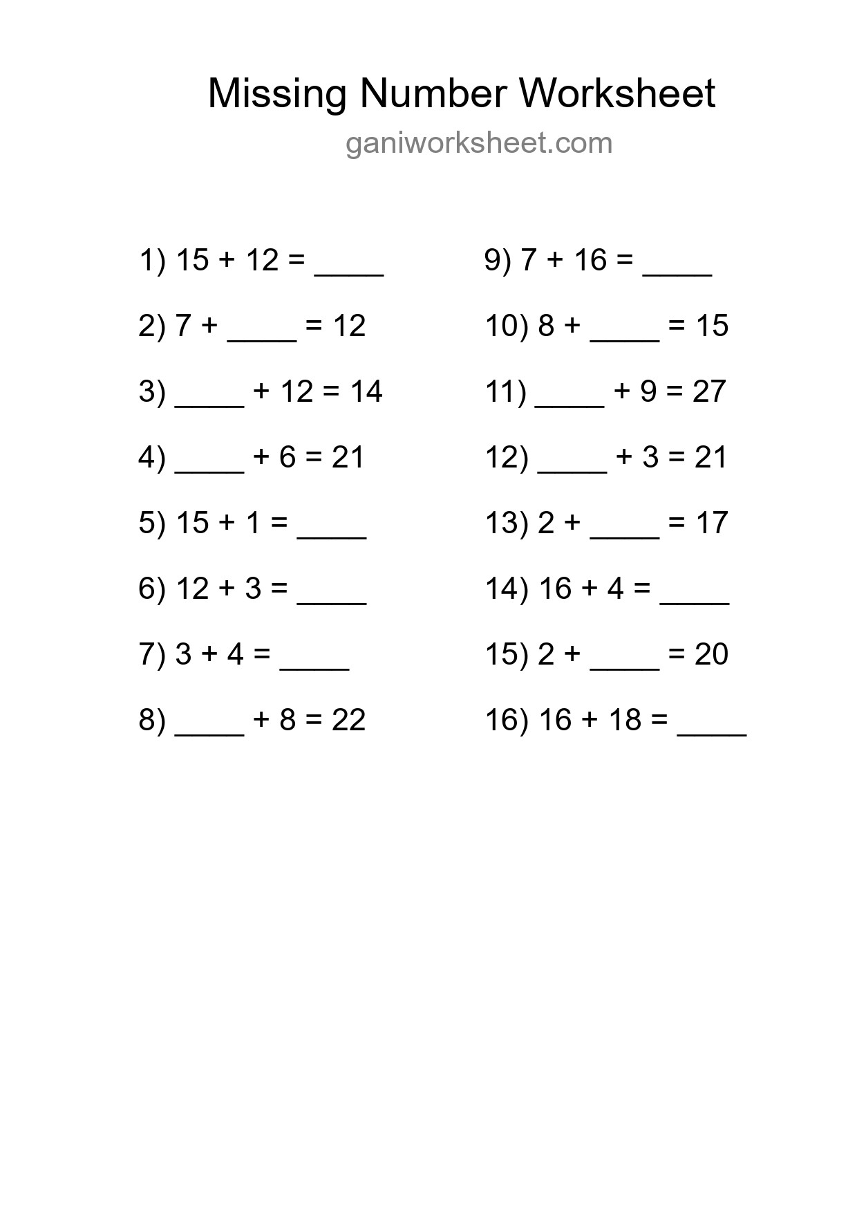 Missing Number Math Worksheet