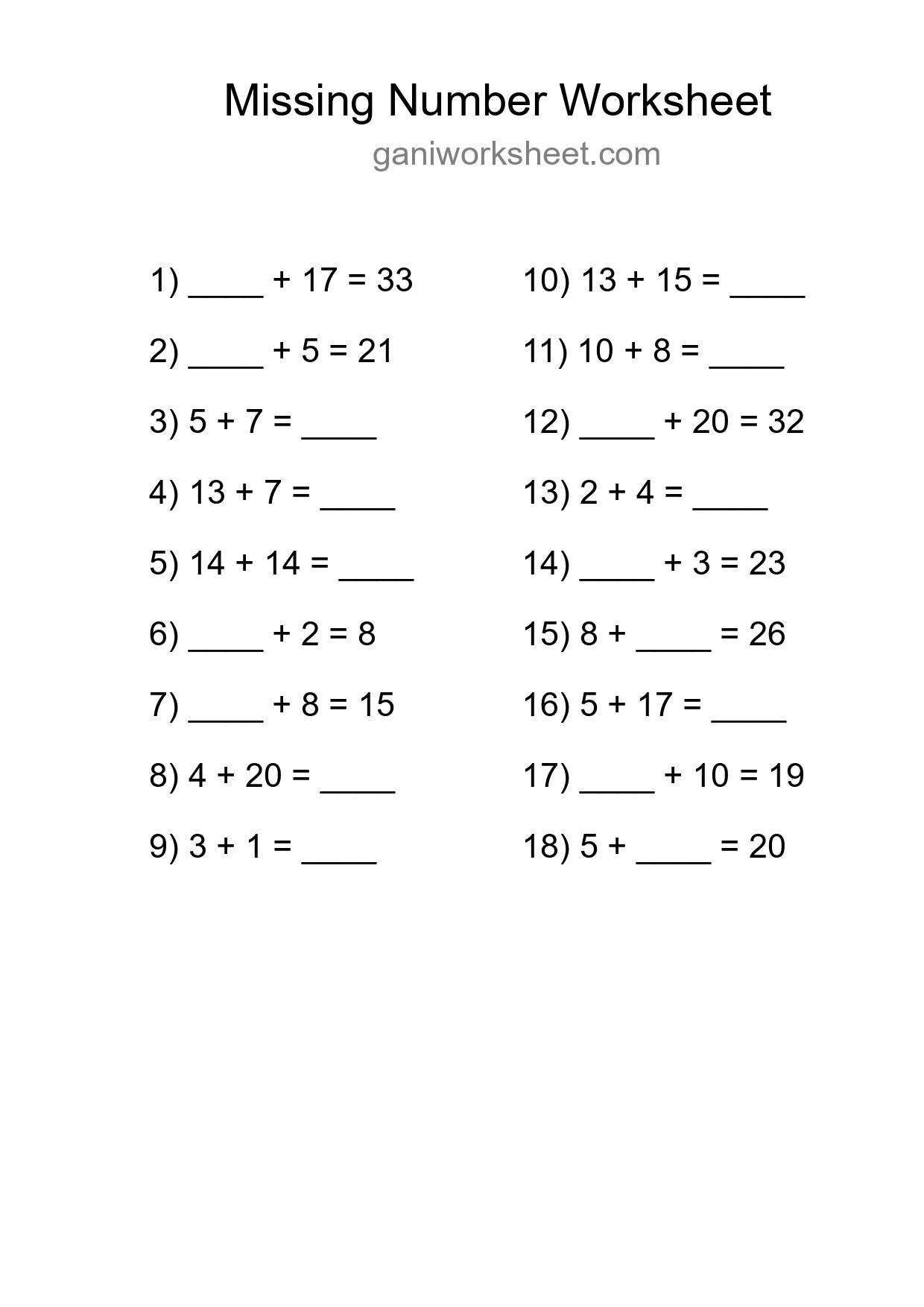 Missing Number Math Worksheet