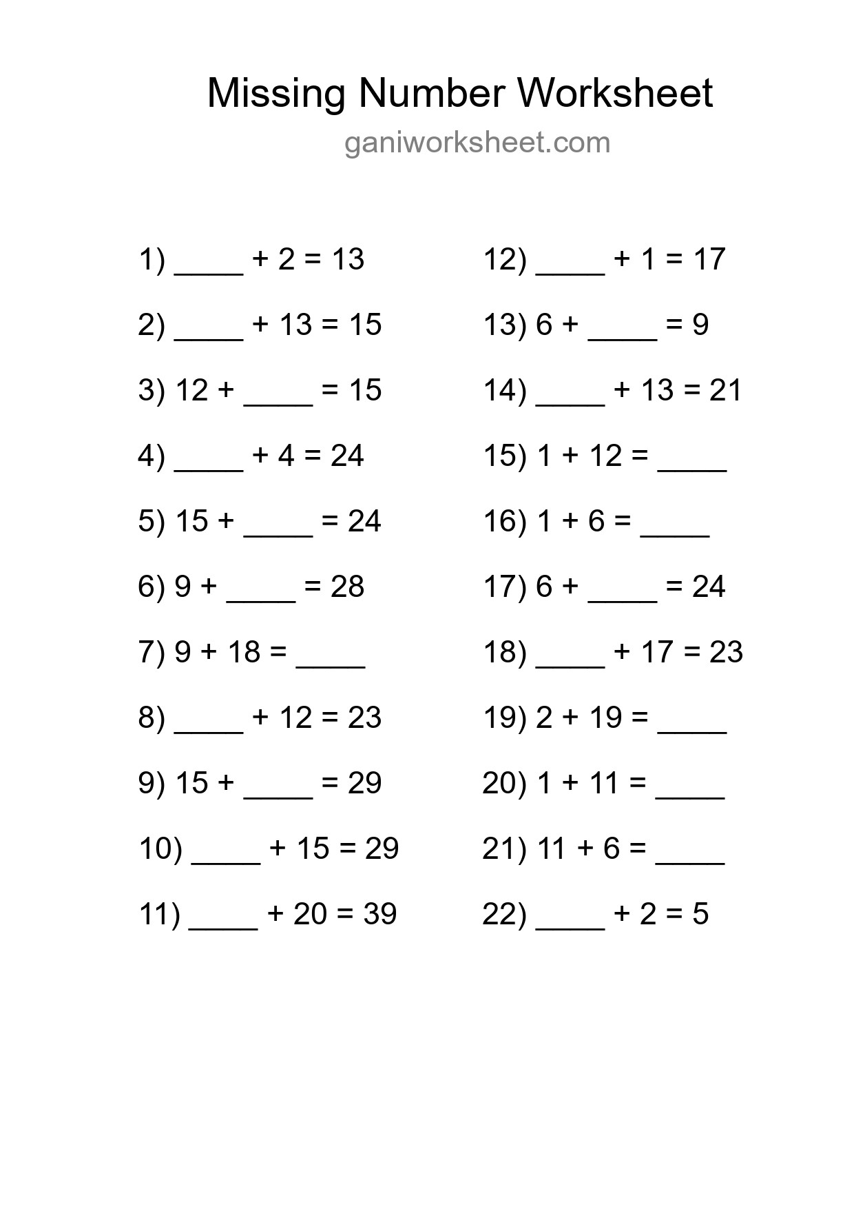 Missing Number Math Worksheet