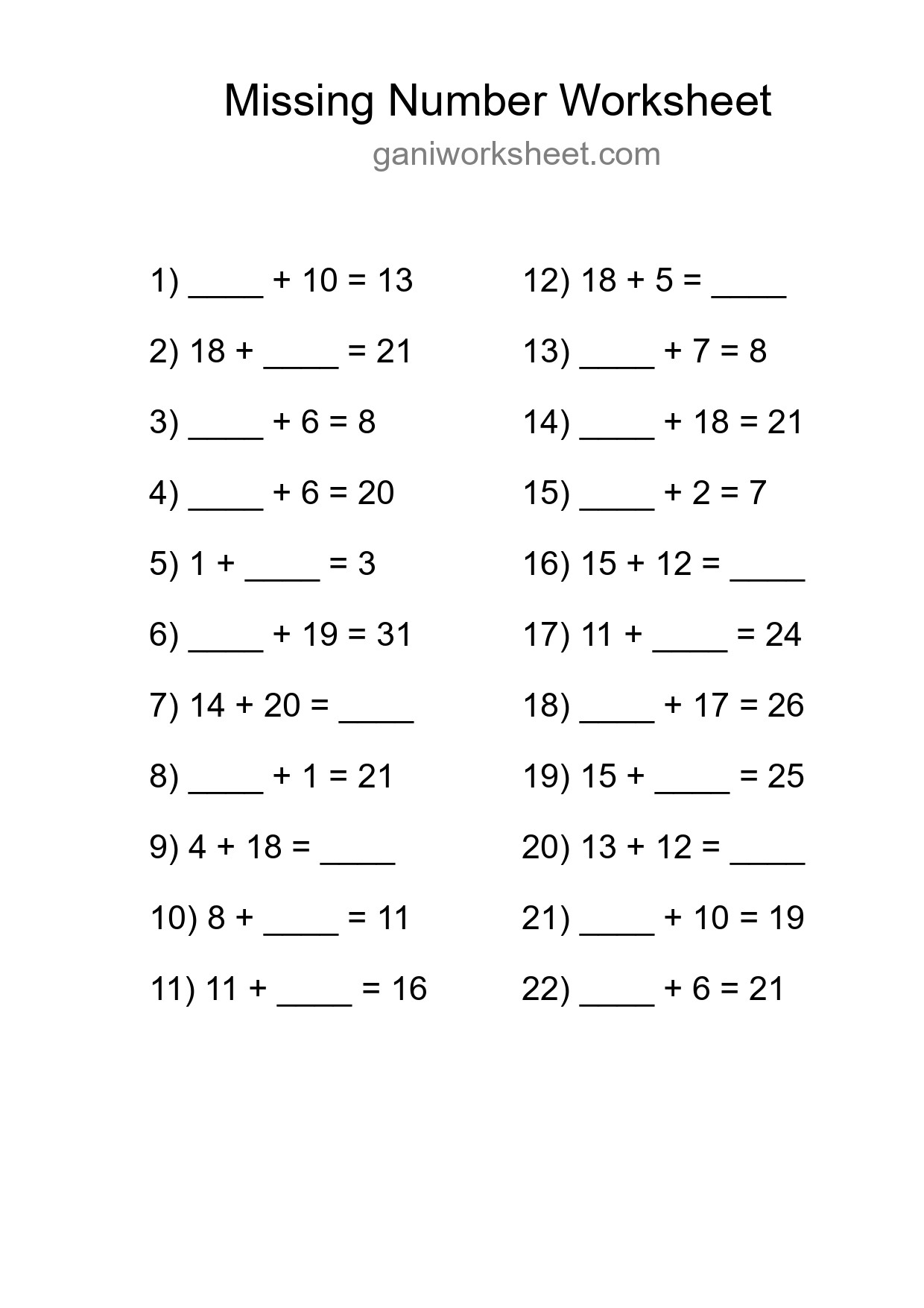 Missing Number Math Worksheet