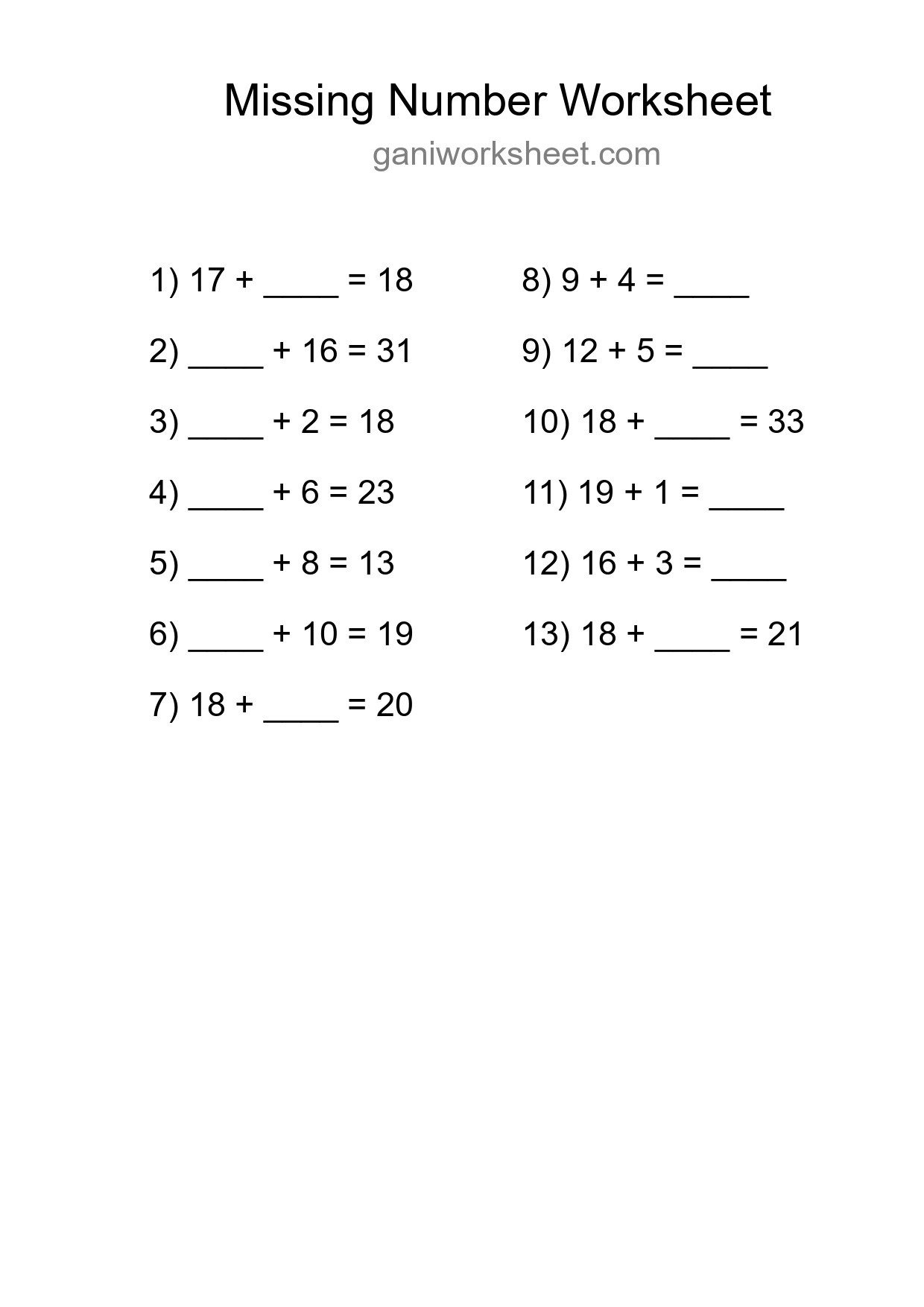 Missing Number Math Worksheet
