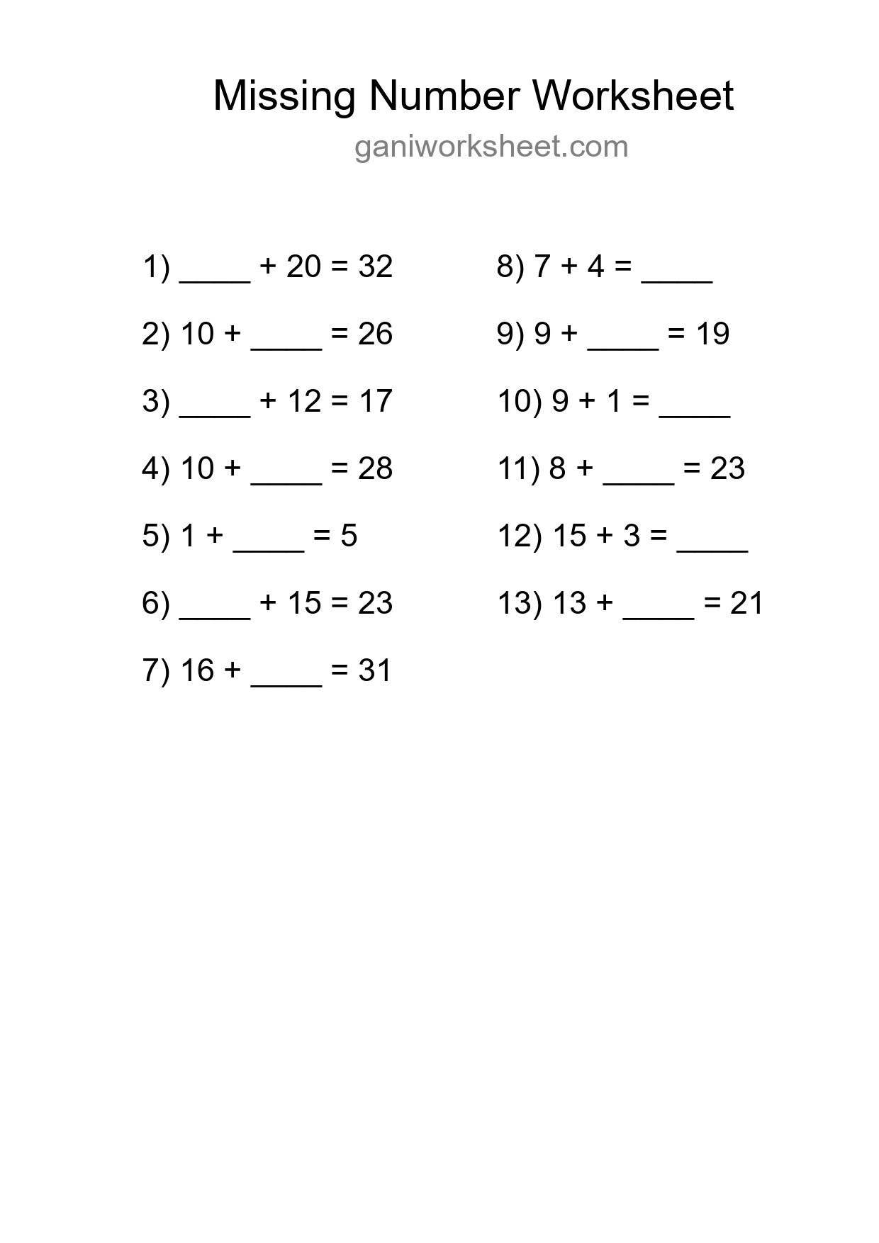 Missing Number Math Worksheet