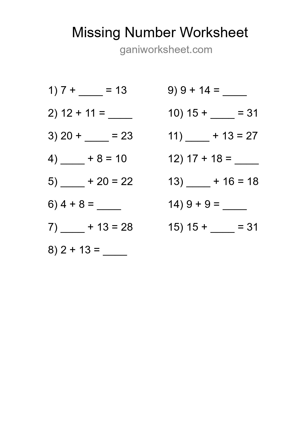 Missing Number Math Worksheet
