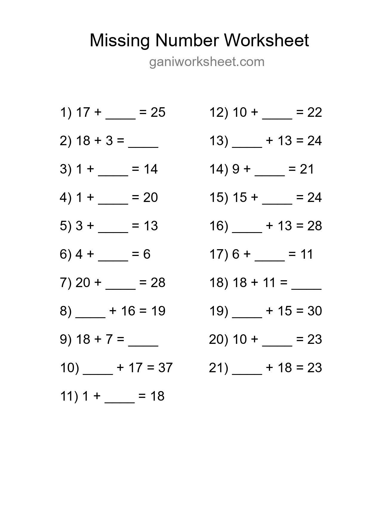 Missing Number Math Worksheet