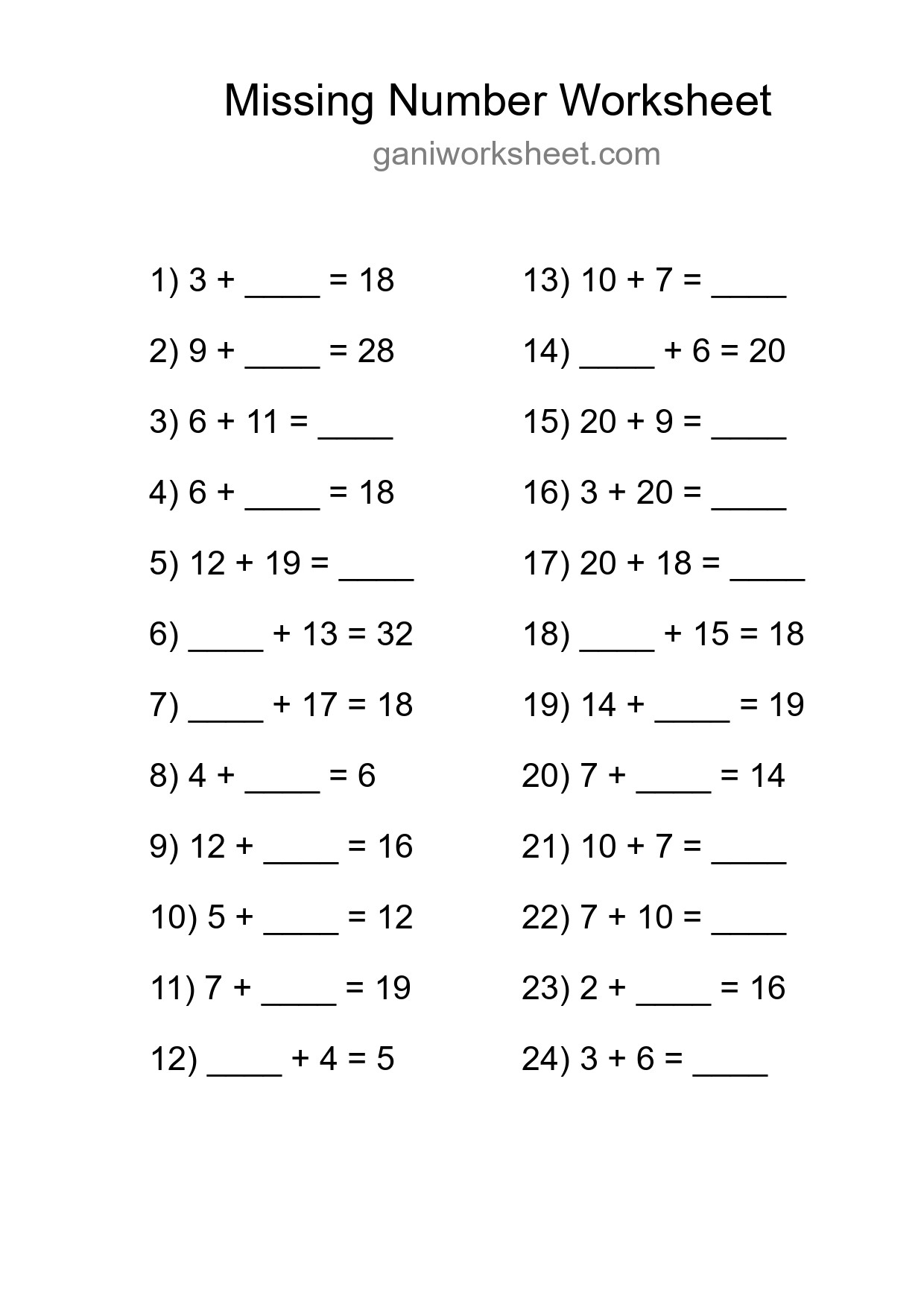 Missing Number Math Worksheet