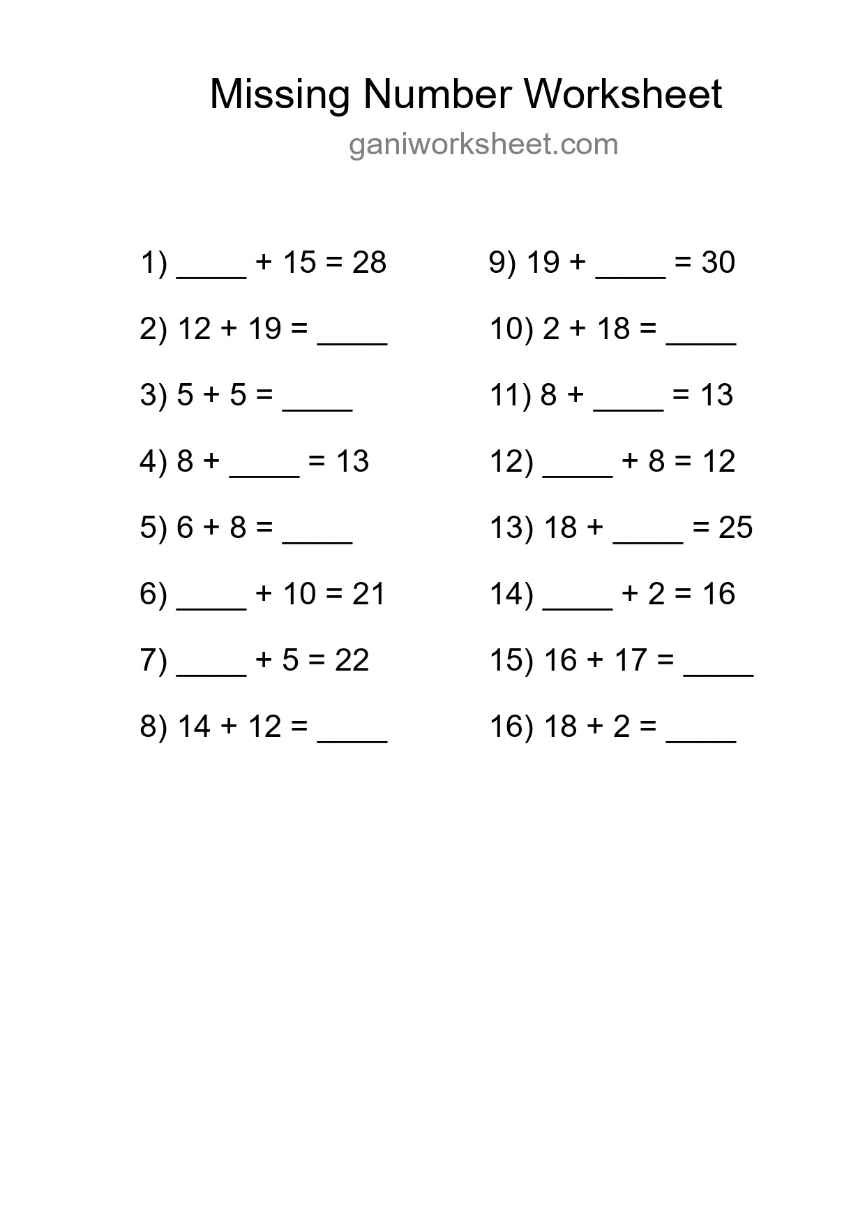 Missing Number Math Worksheet