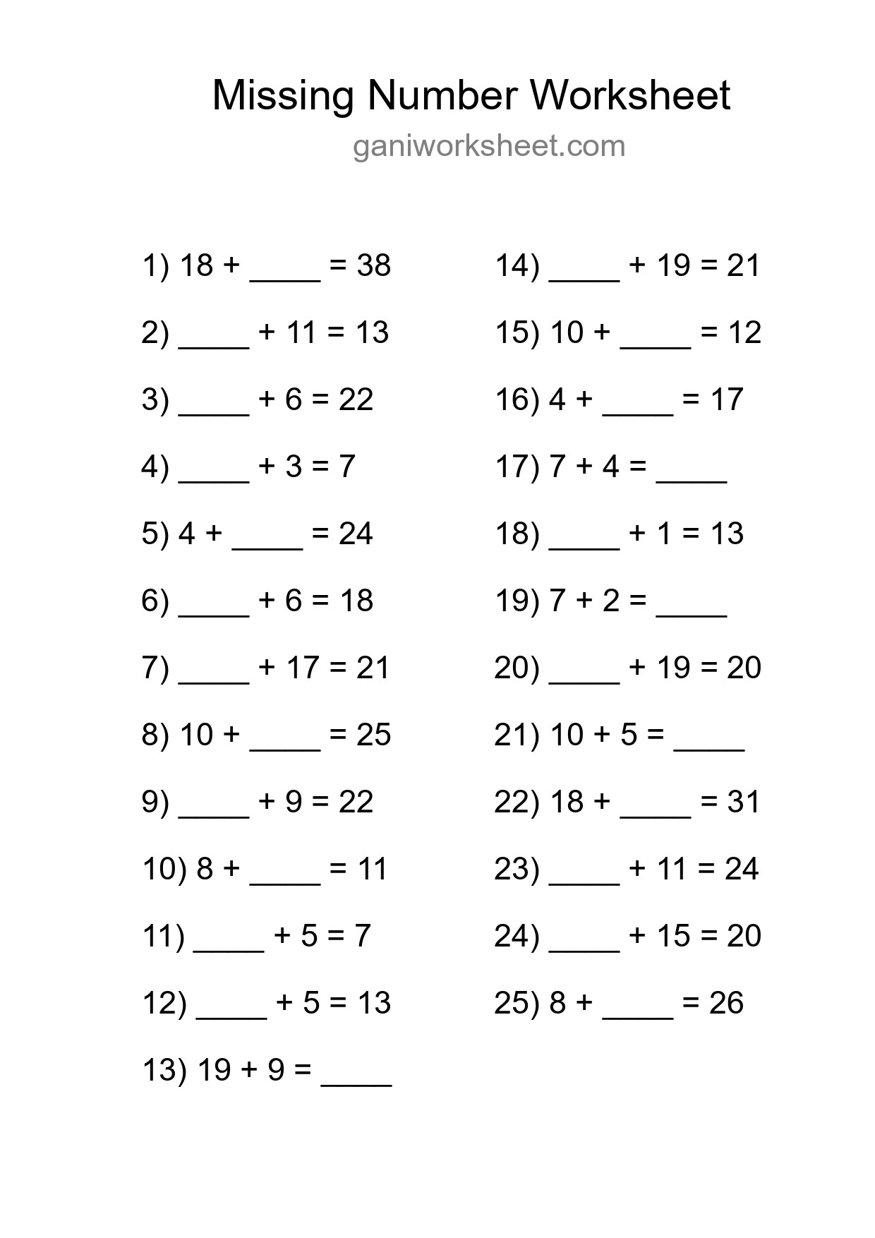 Missing Number Math Worksheet