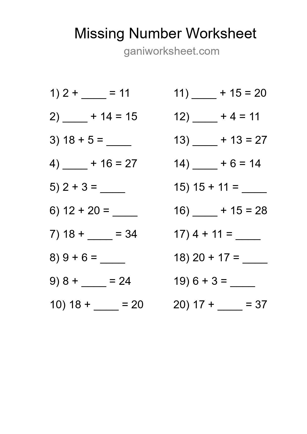 Missing Number Math Worksheet