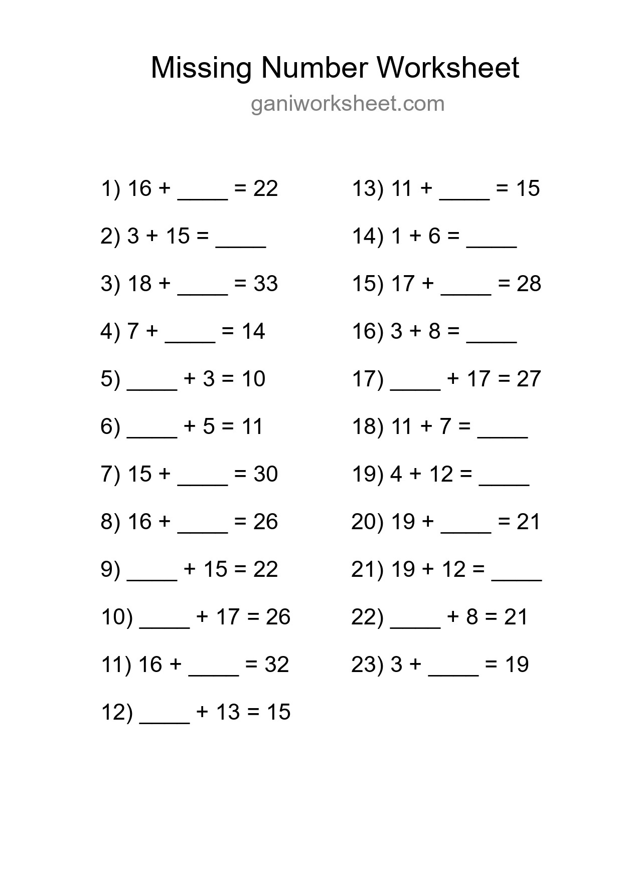 Missing Number Math Worksheet