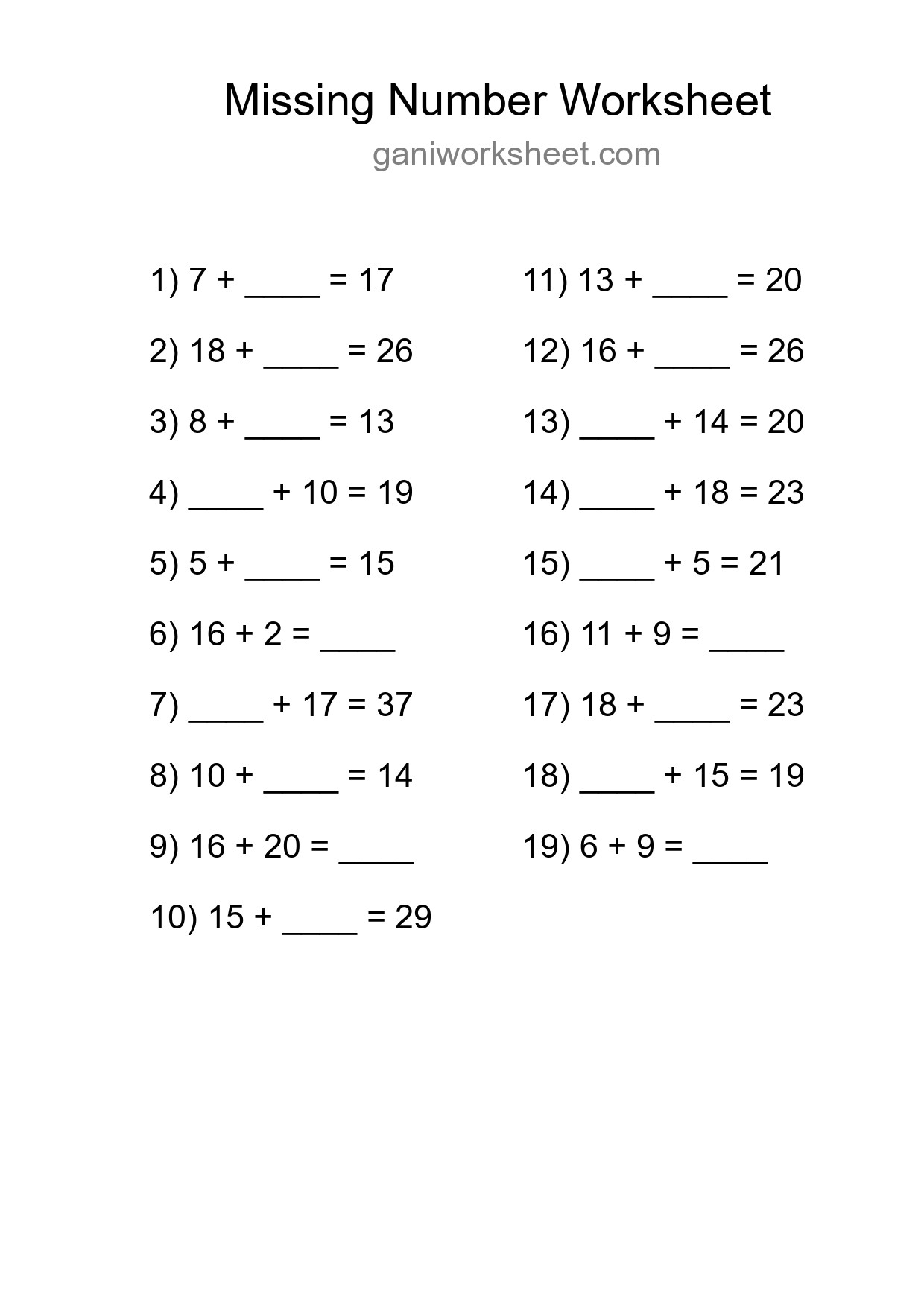 Missing Number Math Worksheet