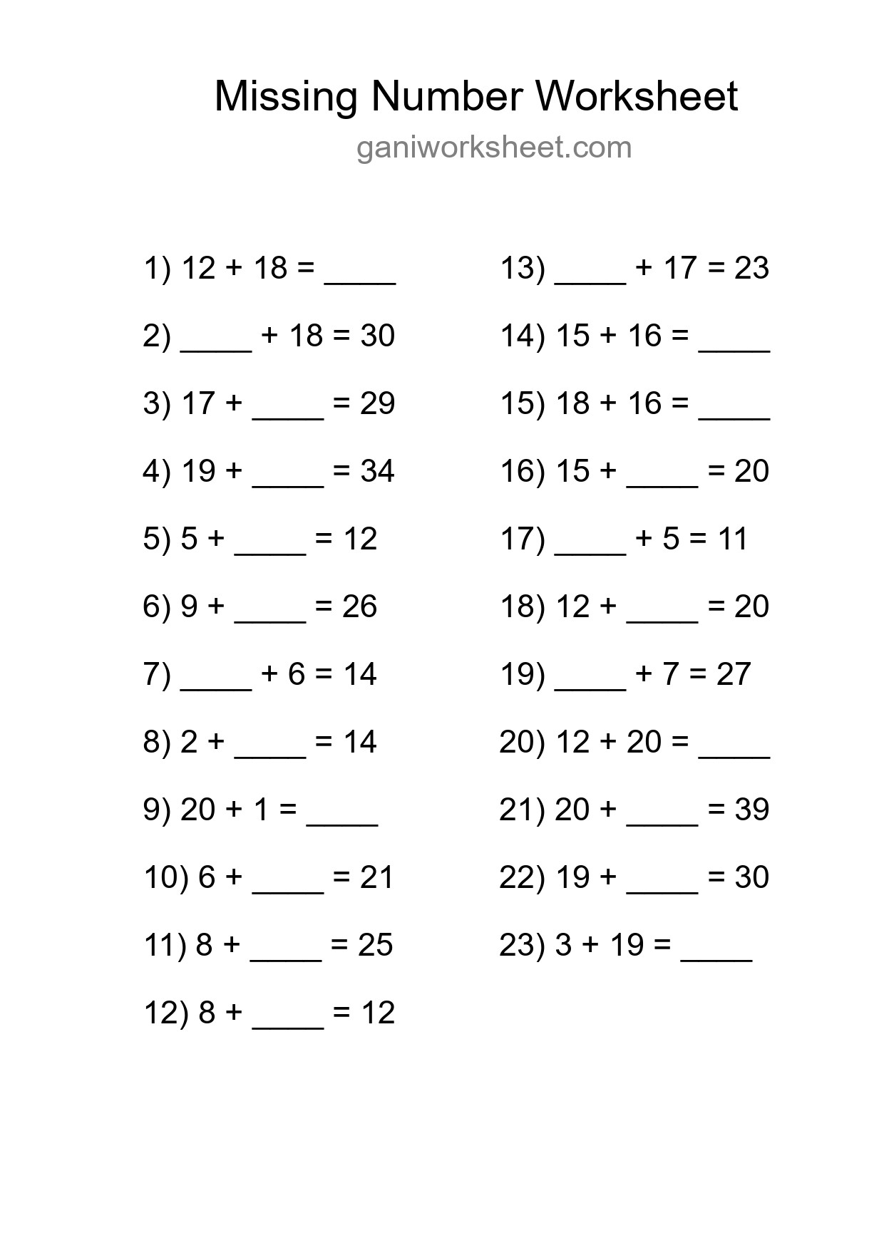 Missing Number Math Worksheet