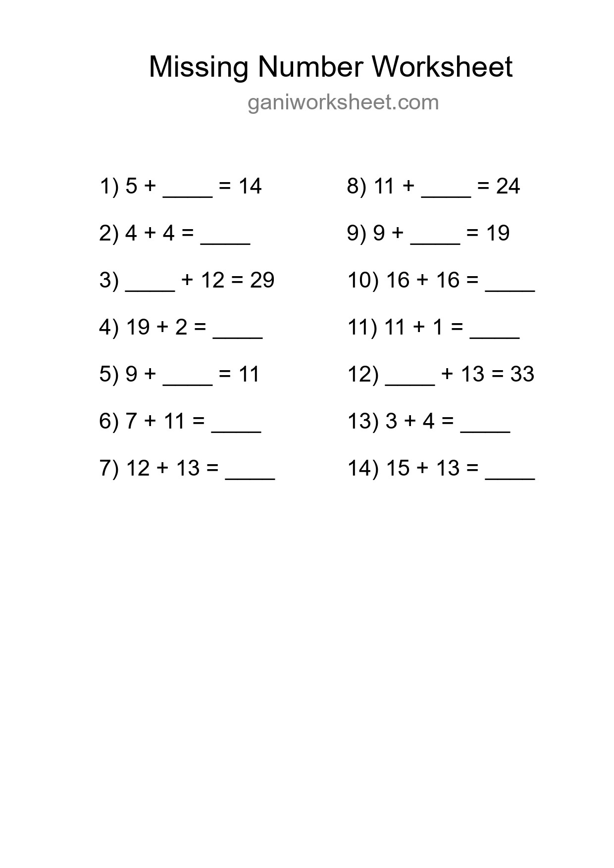 Missing Number Math Worksheet