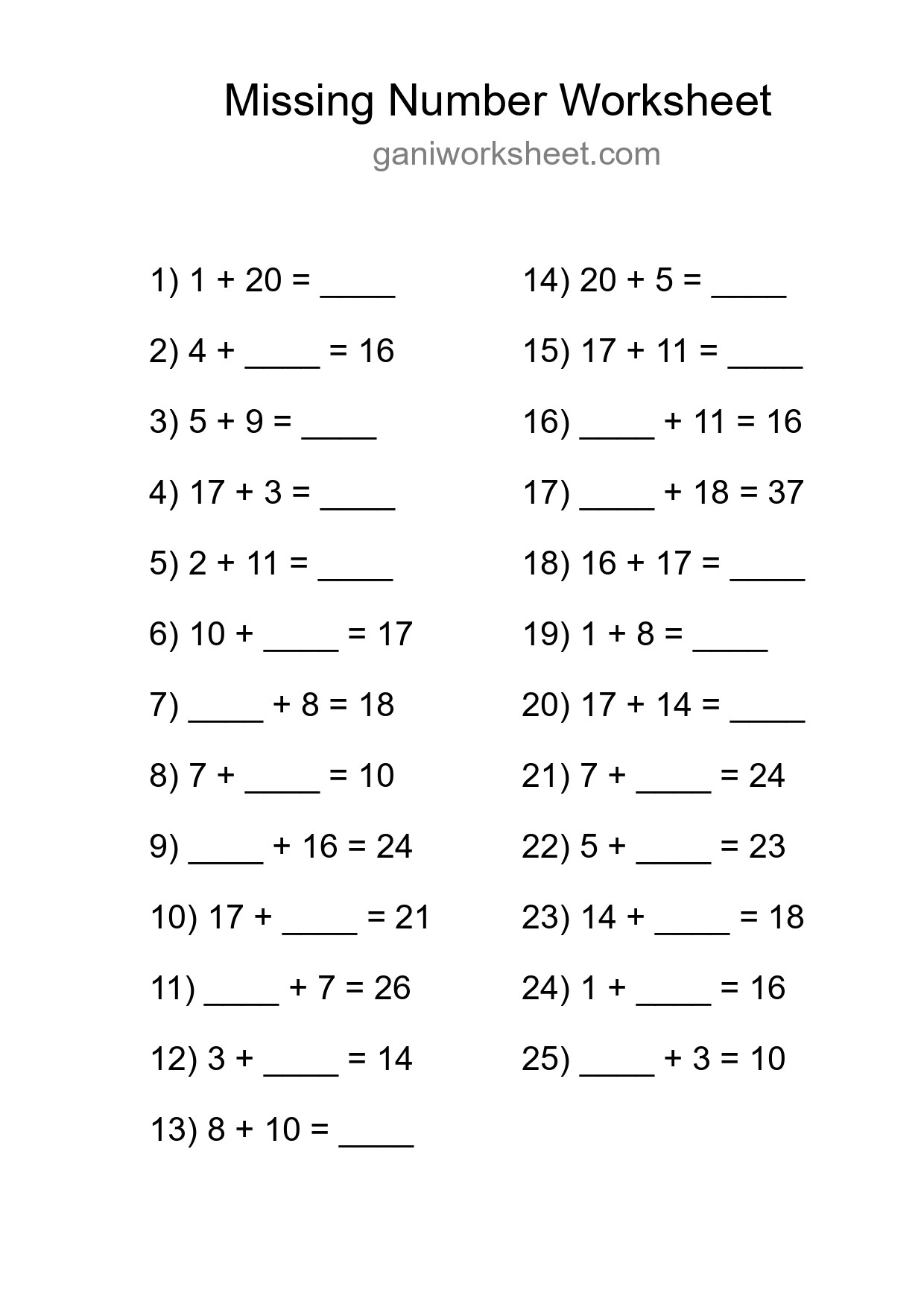Missing Number Math Worksheet