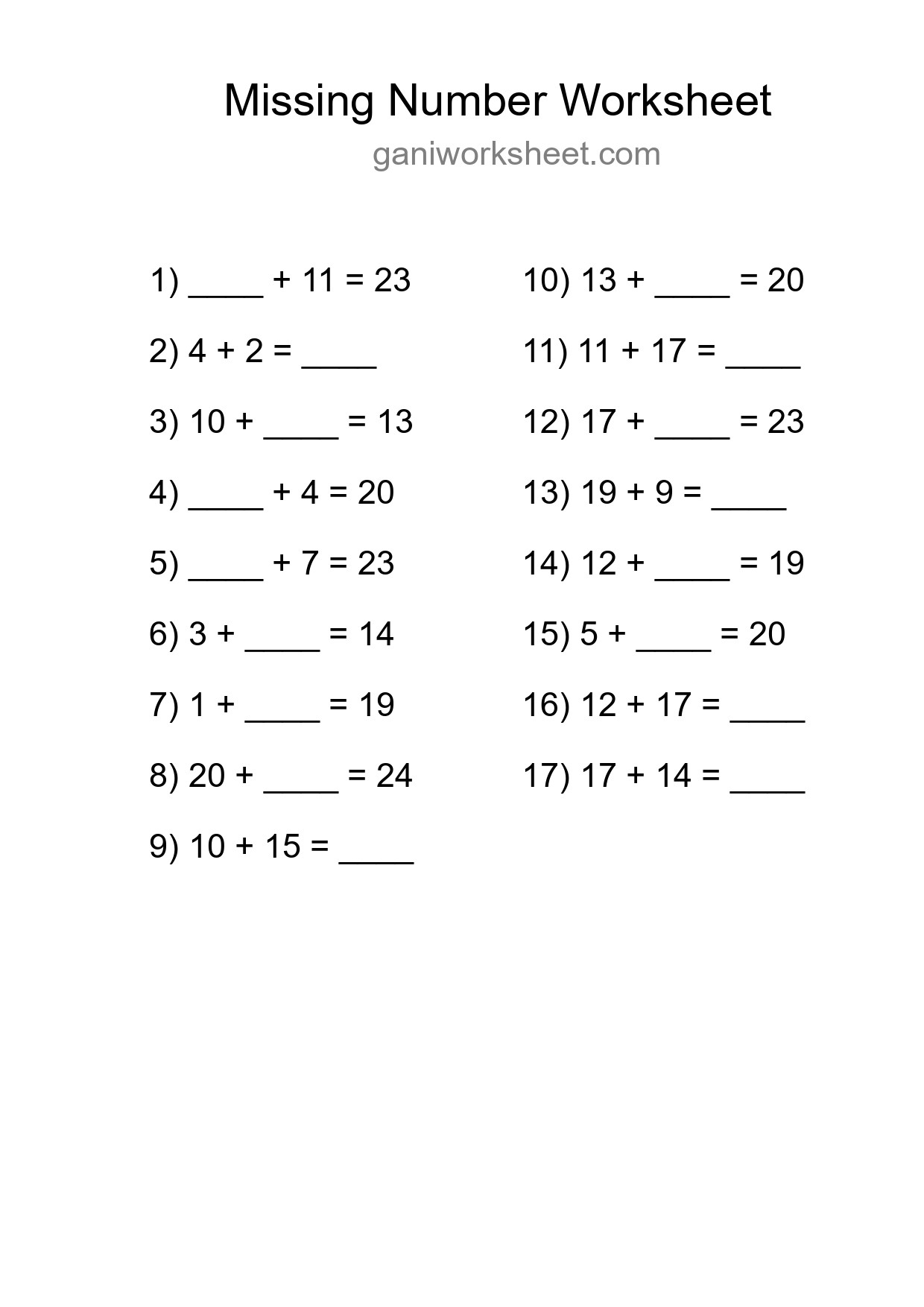 Missing Number Math Worksheet