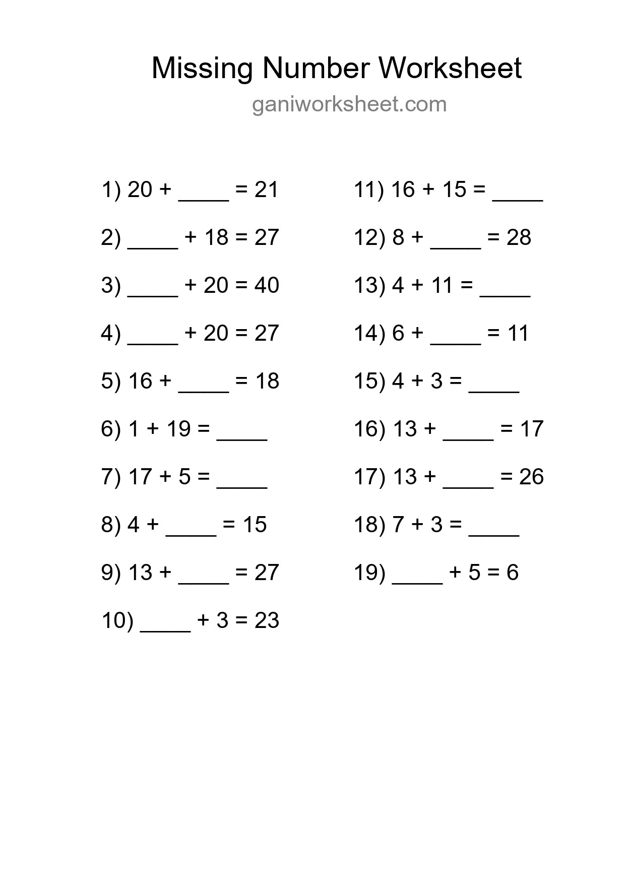 Missing Number Math Worksheet