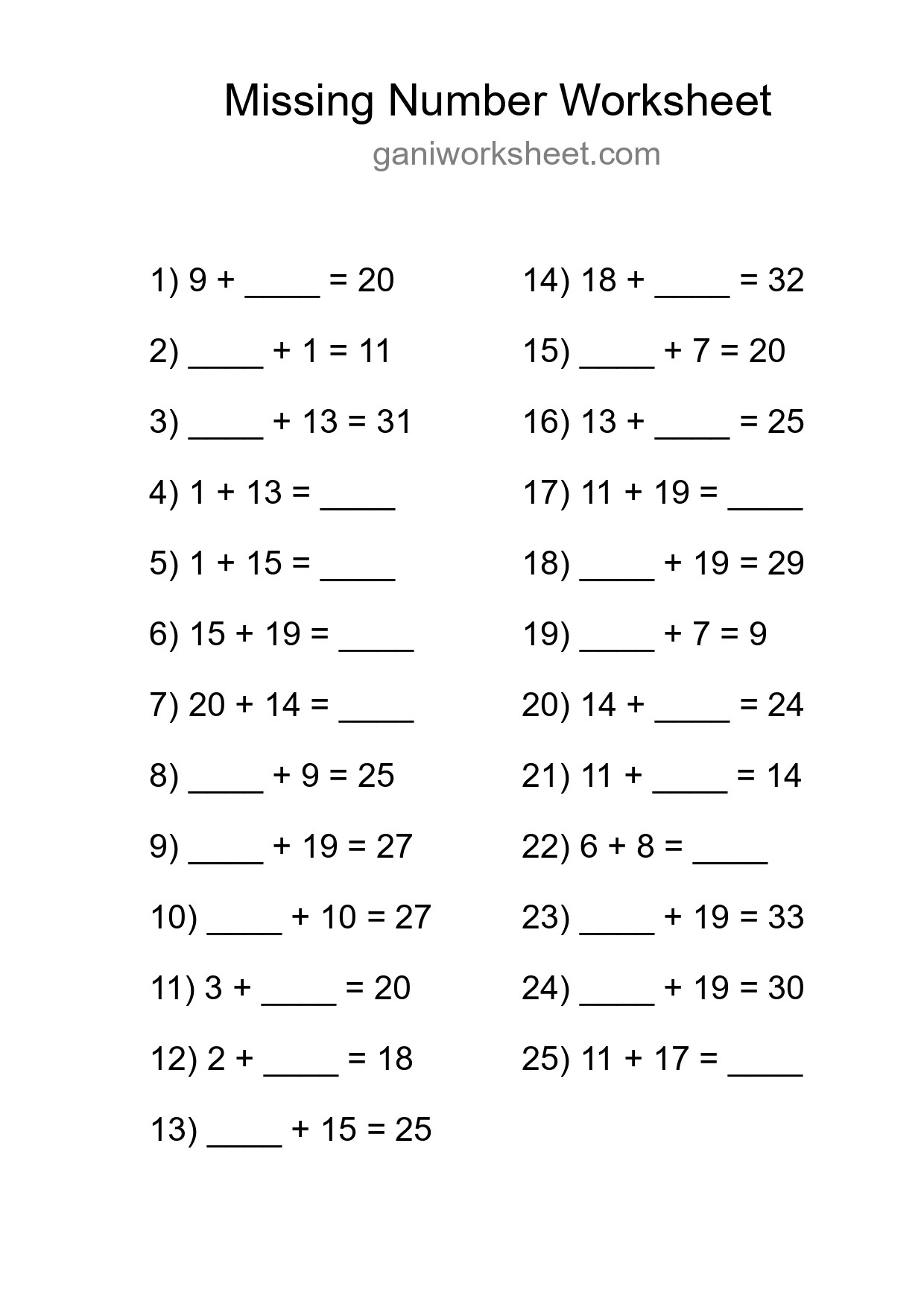 Missing Number Math Worksheet