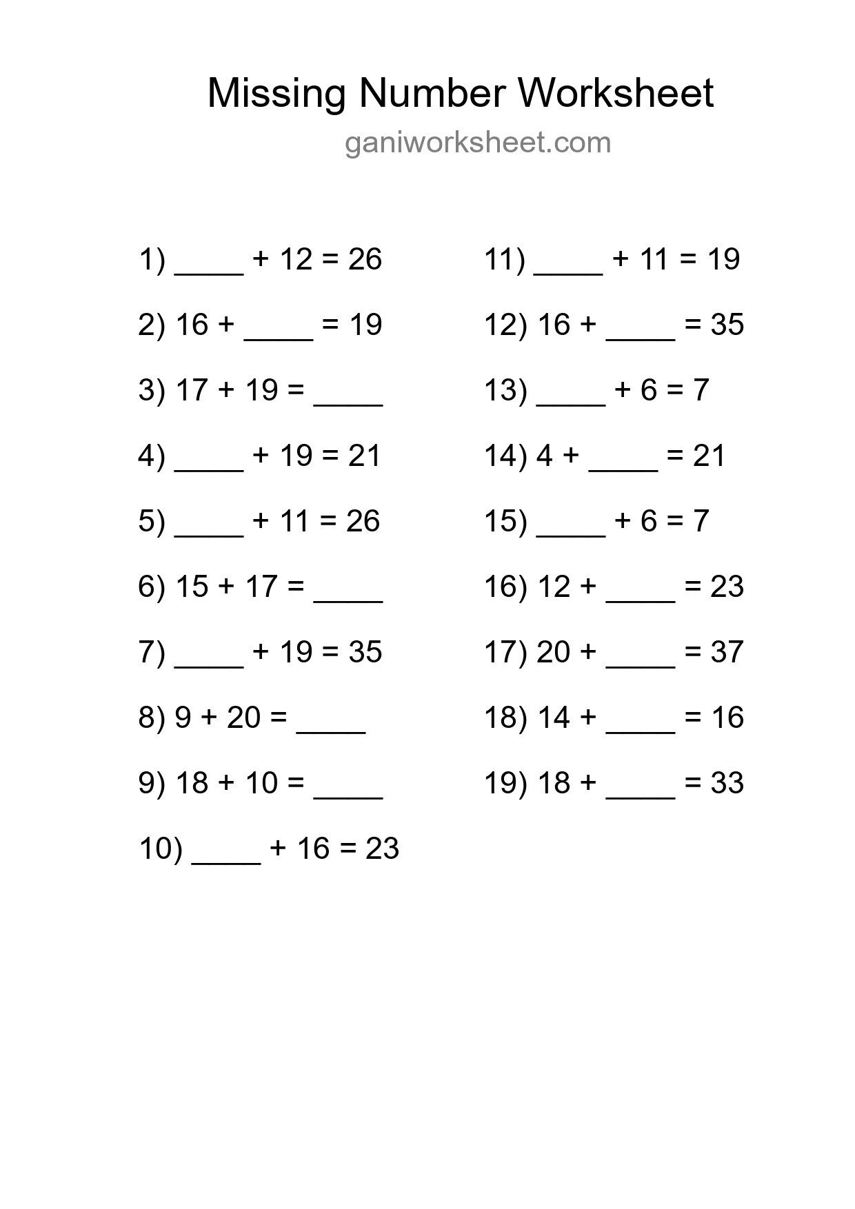 Missing Number Math Worksheet