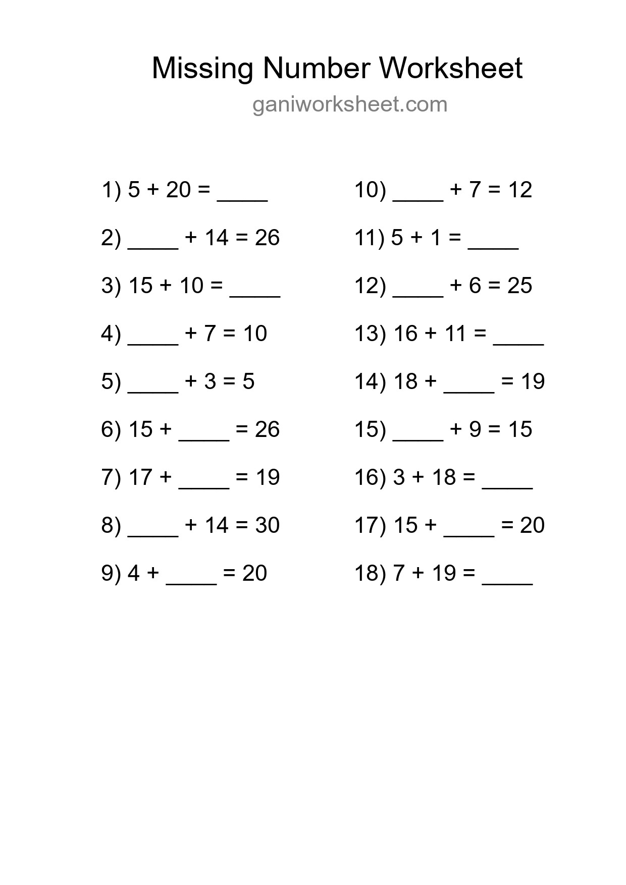 Missing Number Math Worksheet