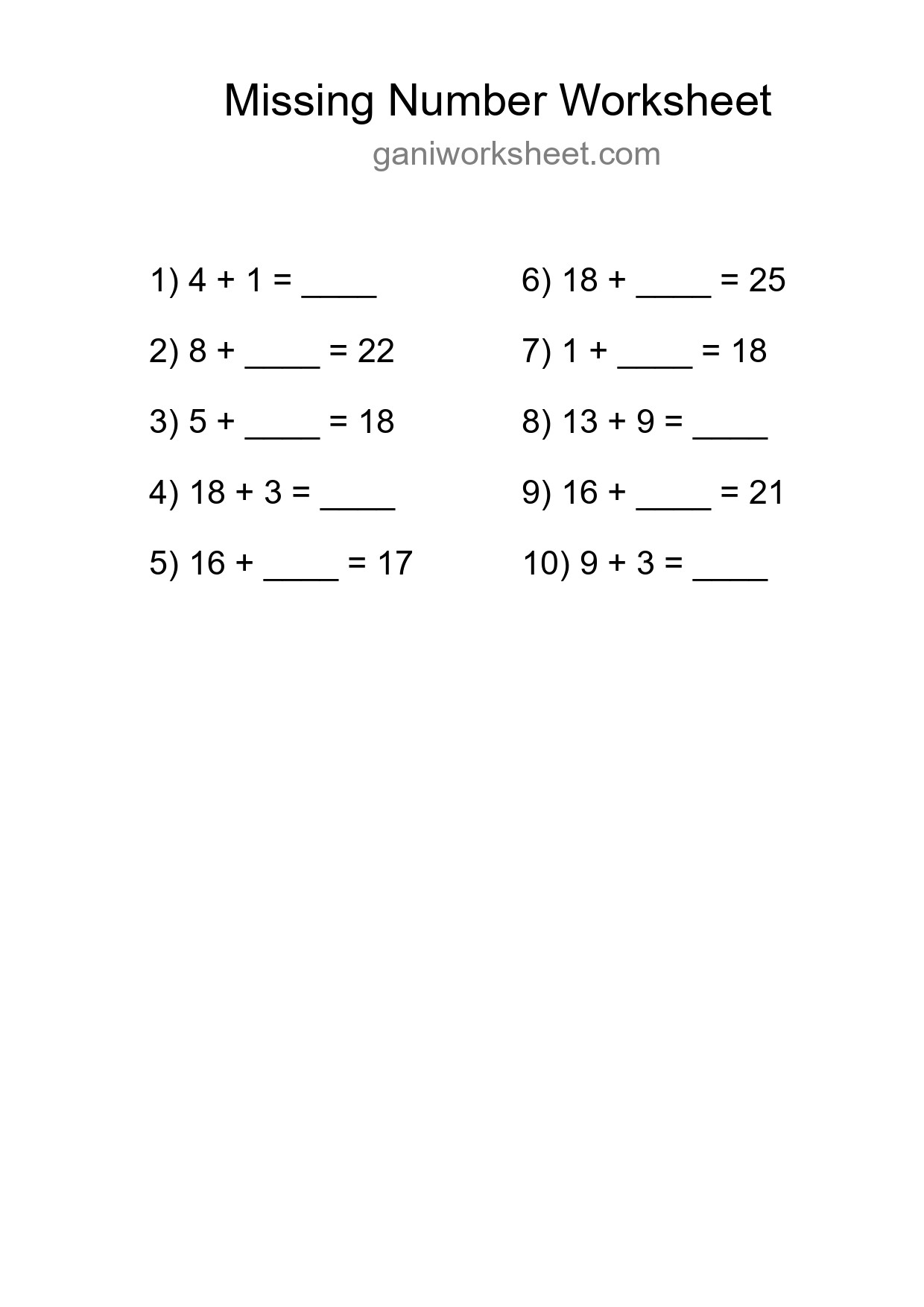 Missing Number Math Worksheet